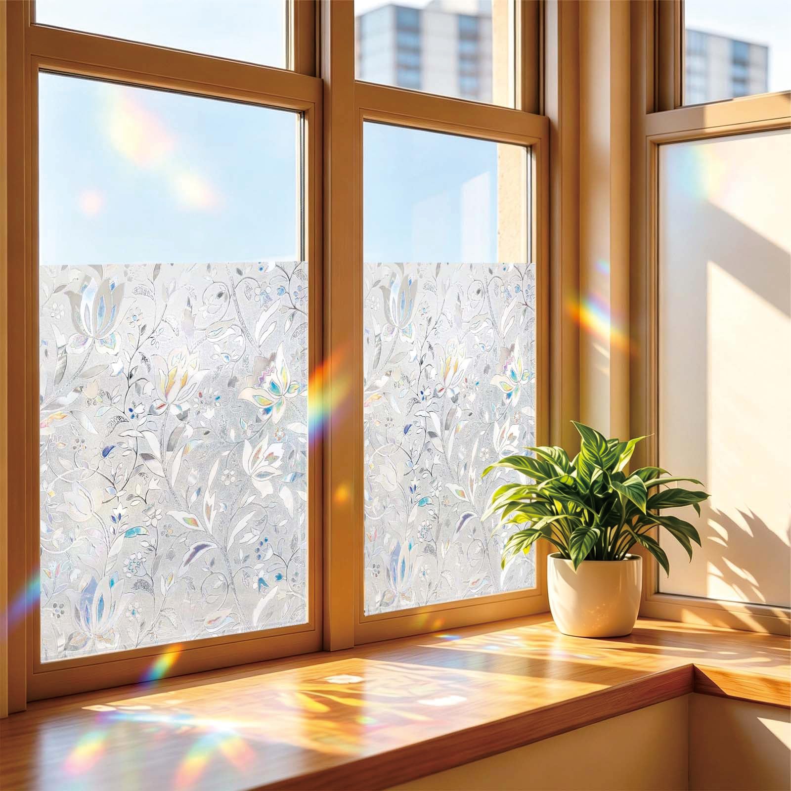 Stained Glass Window Film 90 x 870 cm Blocks UV Static Cling No Glue Removable Heat Cotrol, Privacy Protection, Non Adhesive Static Cling Windows Cover for Kitchen, tulip