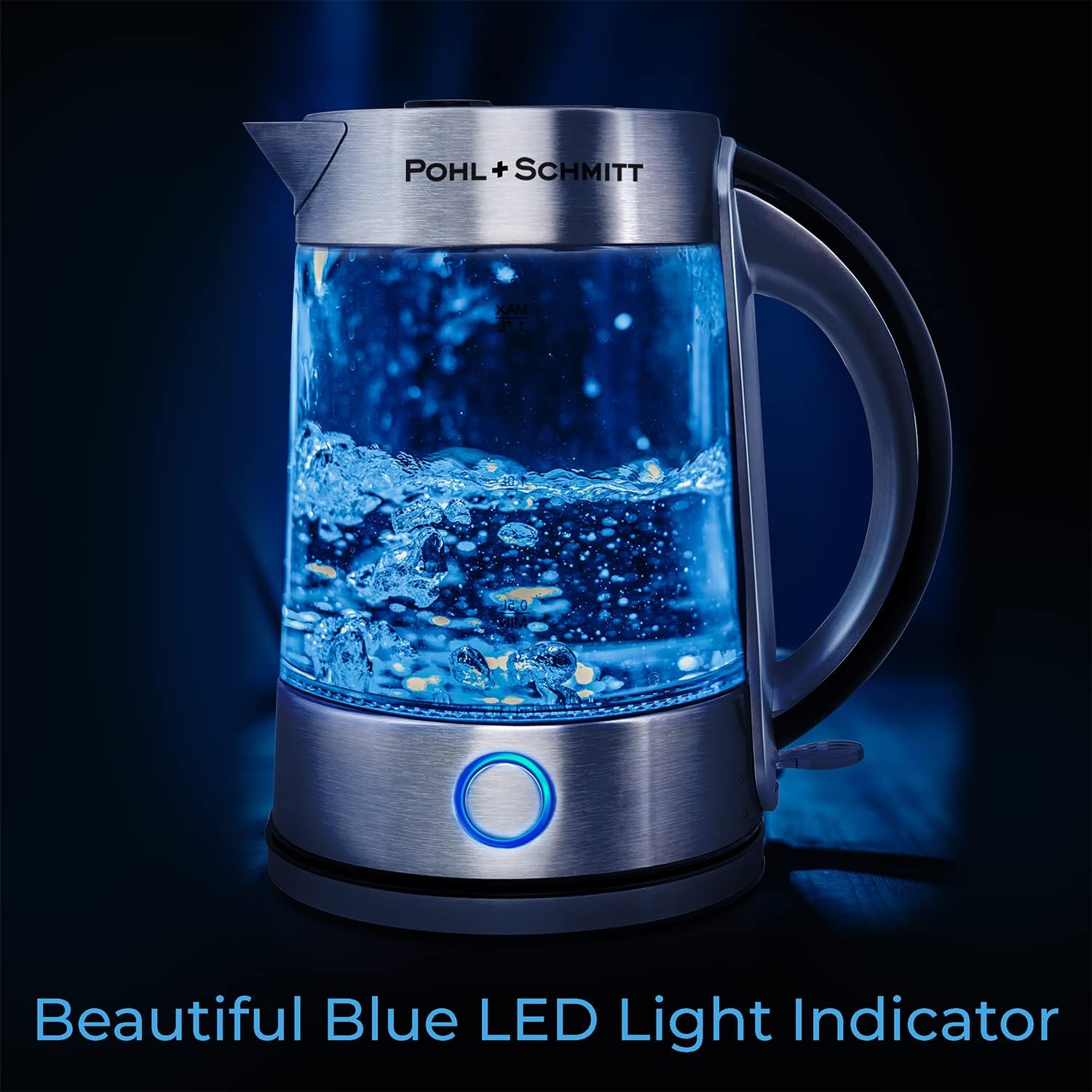 Pohl Schmitt Electric Kettle with water boiling and blue LED light illuminated.
