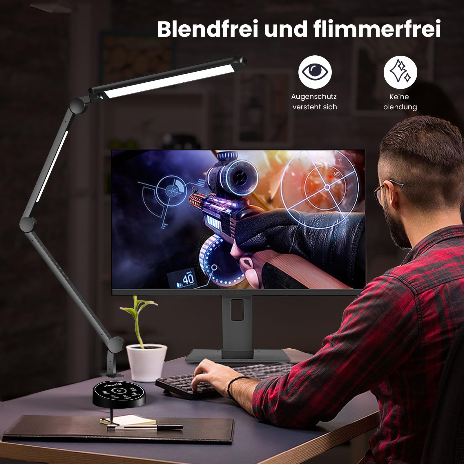 AmazLit Lampada da scrivania, lampada da scrivania a LED, dimmerabile, doppia sorgente luminosa, braccio girevole, temperatura di colore regolabile, 16 W, lampada da tavolo per l'ufficio, telecomando