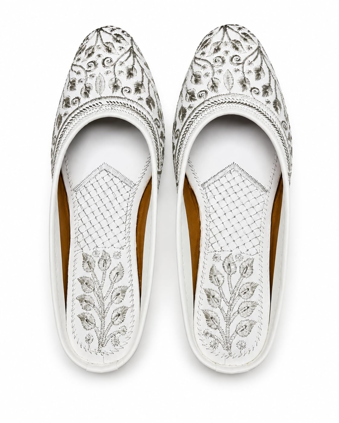 White Embroidered Jutti Slip-On Flats with Floral Design-image-21
