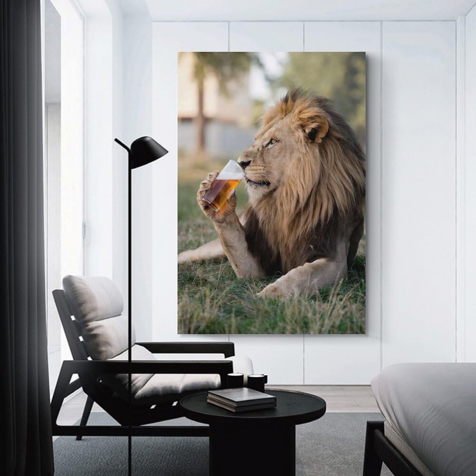 Junmoney Unframe-Style-11 Lion Sipping A Beer Canvas Wall Art 24X36inch(60X90cm), For Office Decor, Home Working Or Creative Rooms, Wall Art That Adds Style To Work Areas