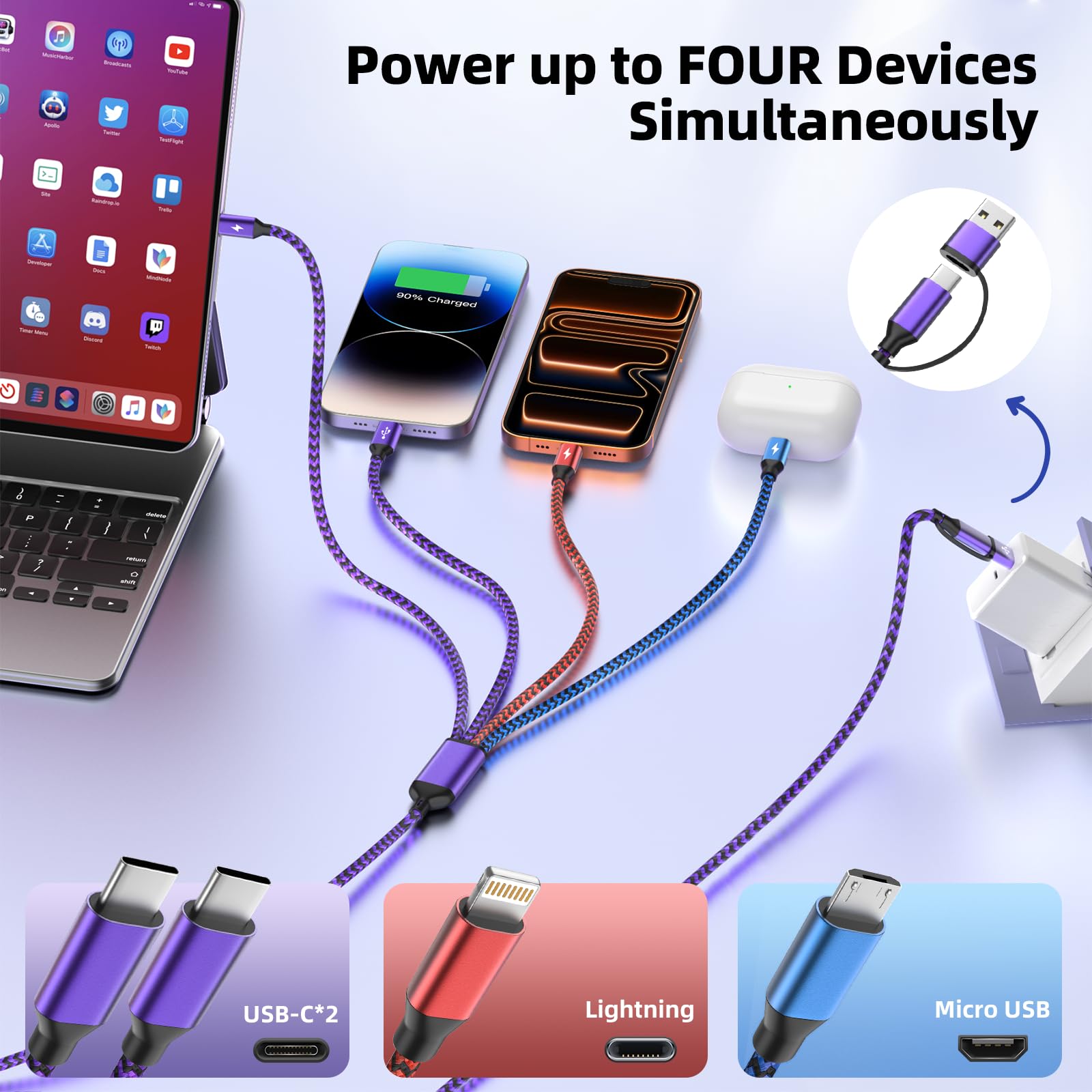 Cavo di ricarica USB multiporta, viola, confezione da 2, 1,5 m, 4 in 2, cavo in nylon intrecciato con Lightning, Tipo-C, connettori micro USB,