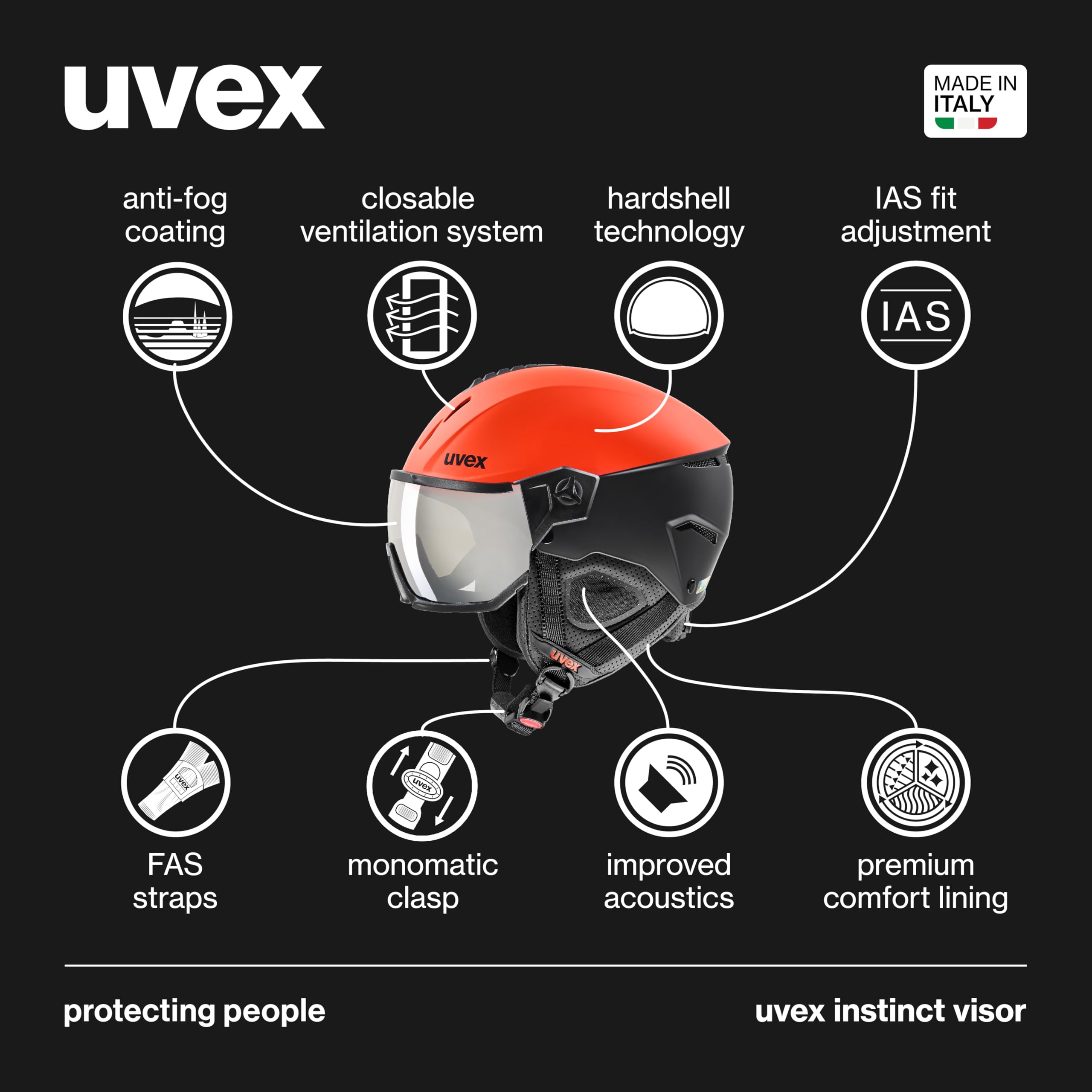 uvex instinct visor - kask narciarski unisex - z wizjerem - indywidualna regulacja wielkości - fierce red - black matt - 53-55 cm