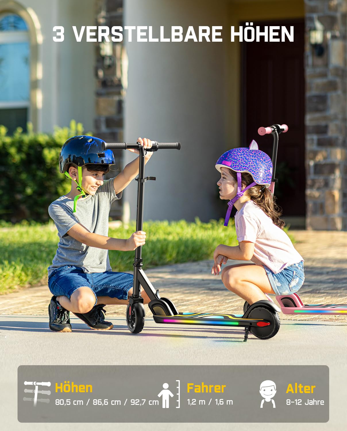 FanttikRide C9 Pro Elektroroller für Kinder 8-12 Jahren, Bunte Regenbogenlichter, 8/12/16 km/h, 8KM Reichweite, LED-Anzeige, Höhenverstellbar, Faltbar, für Jungen und Mädchen