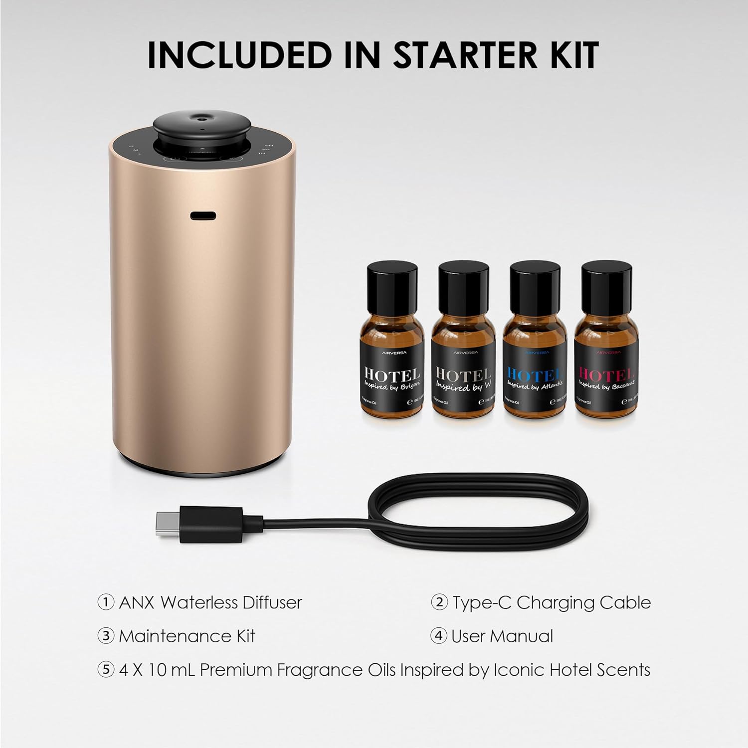 Airversa Waterless Essential Oil Diffuser Starter Kit with 4x10mL Hotel Fragrance Oils for Car Home Office, Premium Aluminum Housing, Aroma Nebulizer Baterry Operated, ANX Kit-D Desert Titanium