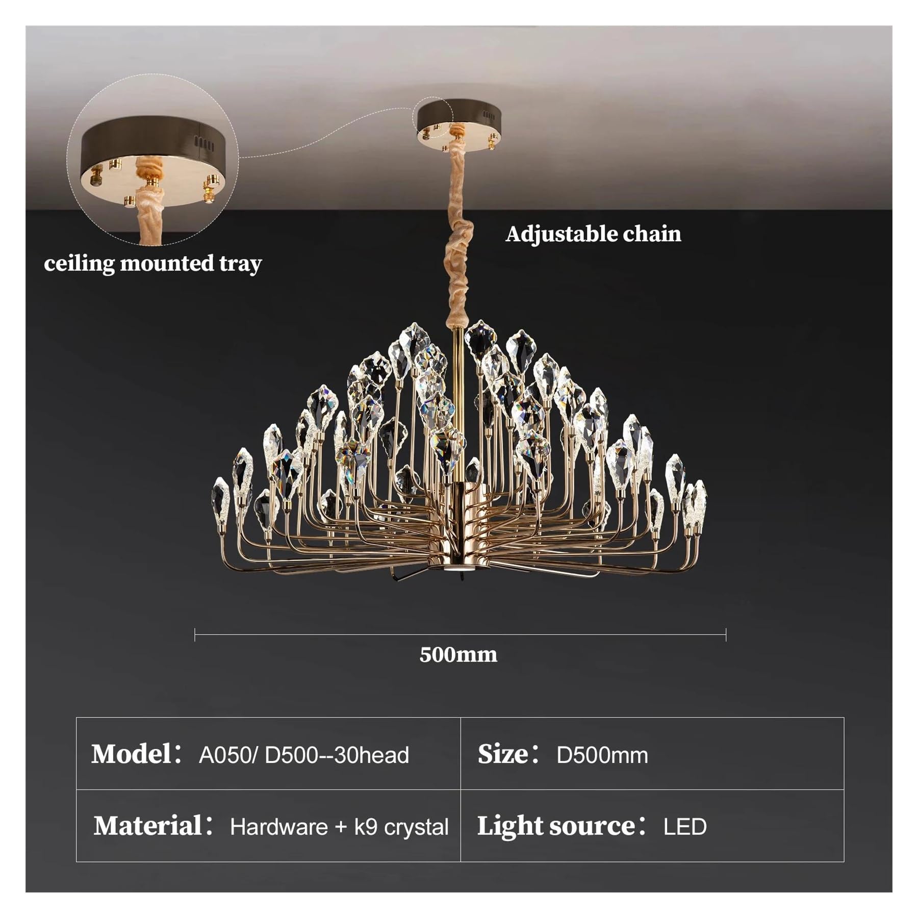 Genérico Lámpara de techo redonda cristal lujo dorada for dormitorio, comedor, sala estar, cocina, lámpara colgante K9(D50CM)