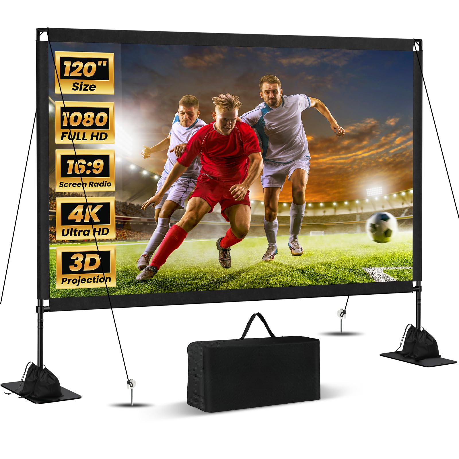 Photo 1 of 120inch Projector Screen with Stand: Portable Projector Screen Outdoor Indoor Front/Rear16:9 4K HD with Carry Bag, Sandbag - Lightweight Movie Screen for Backyard, Camping, Theater
