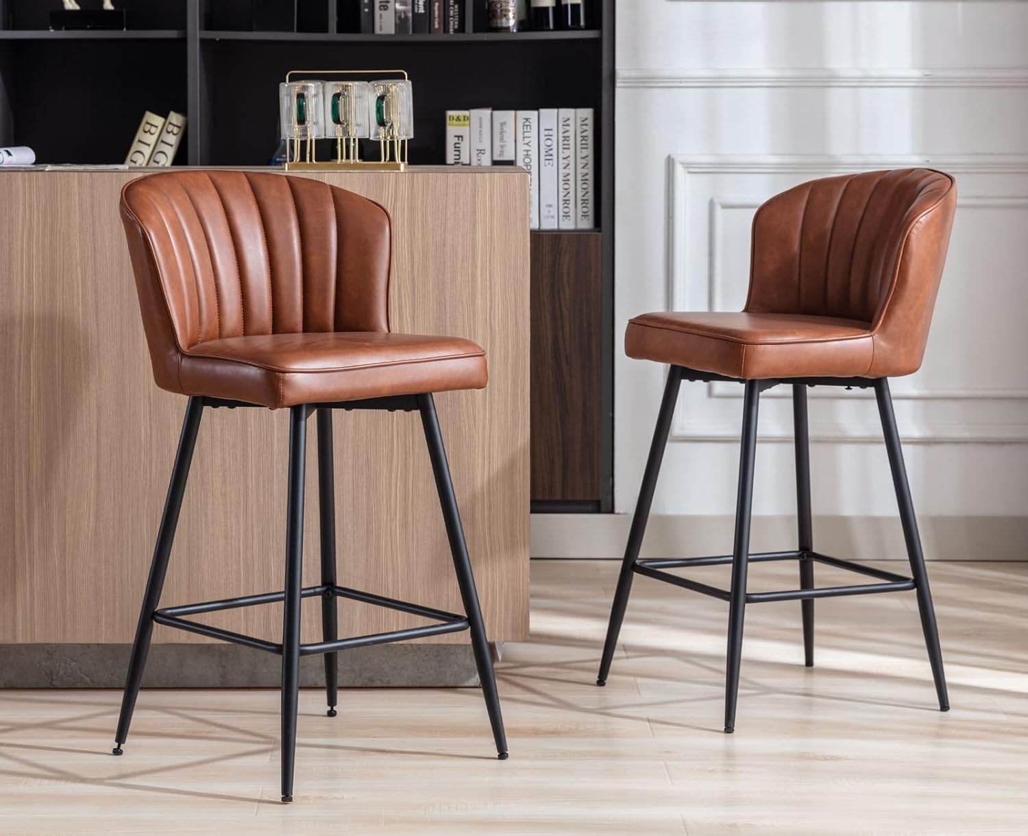 Azarria Brown Faux Leather Counter Stools with Iron Legs, Set of 2
