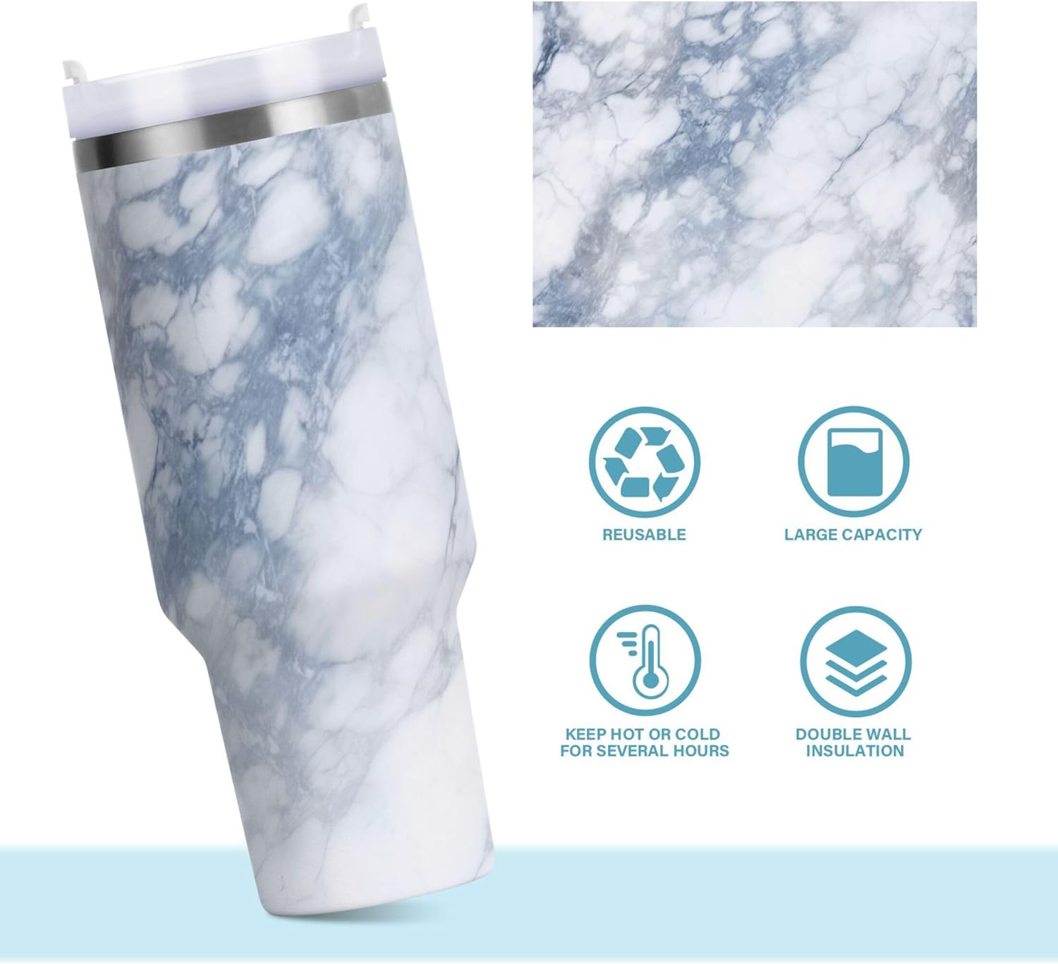 xigua 40 oz White Marble Tumbler with Handle and Straw Lid, Stainless Steel Vacuum Insulated Sports Water Bottle, Keeps Cold or Hot Coffee Cup Travel Mug