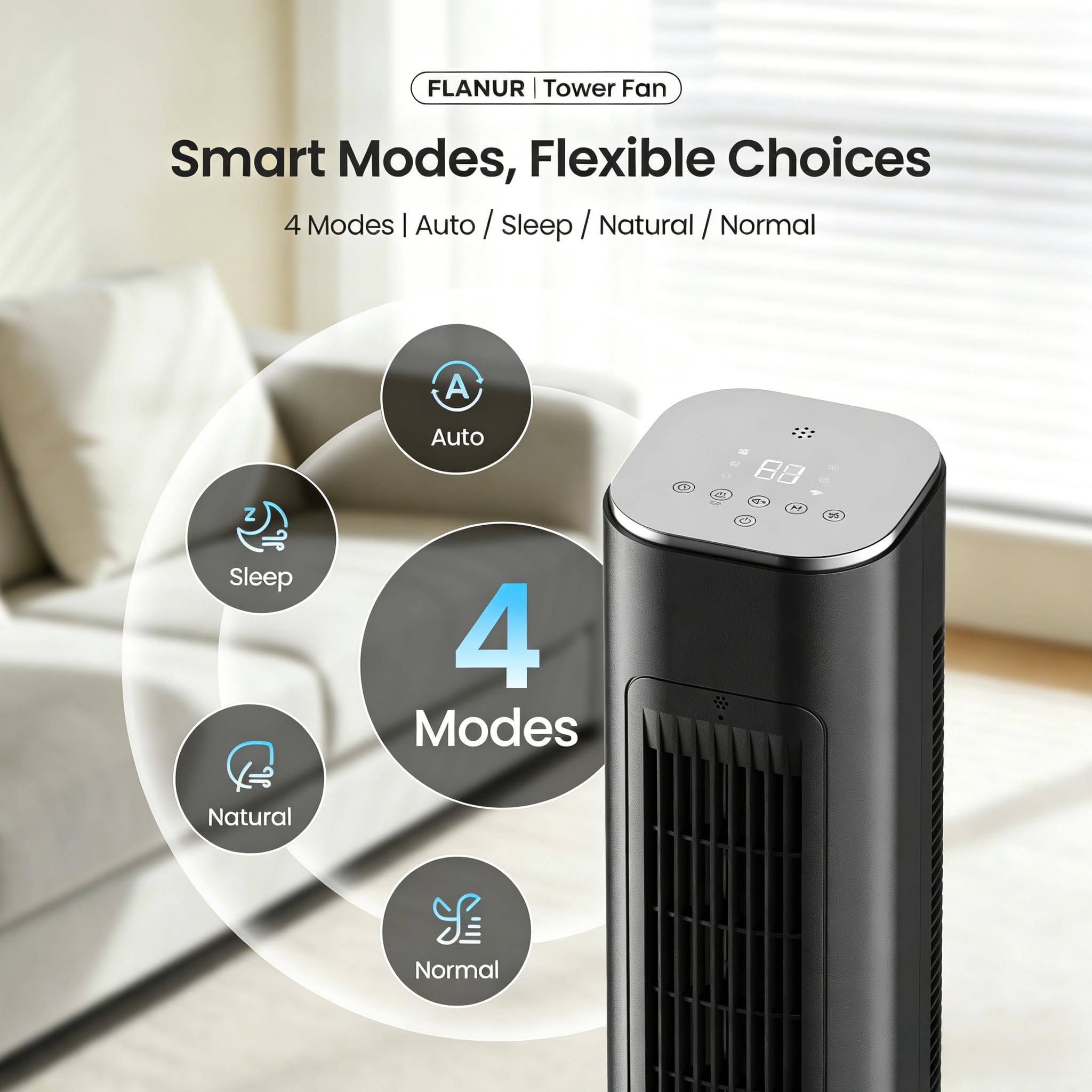 FLANUR Turmventilator Leise 25dB 91cm WiFi Alexa Tower Fan mit Fernbedienung 90° oszillierend 4 Geschwindigkeiten 12Std Timer Schwarz