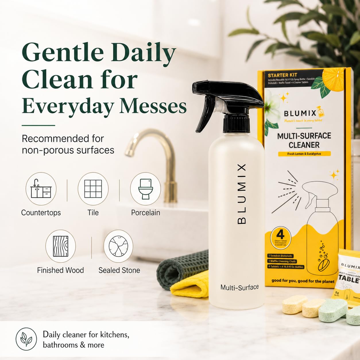 Kit de limpieza multisuperficie: incluye 4 tabletas limpiadoras, botella de spray de 16.9 onzas, paño de cocina sueco y paño de tejido de gofre, solución de limpieza multiusos, aceites