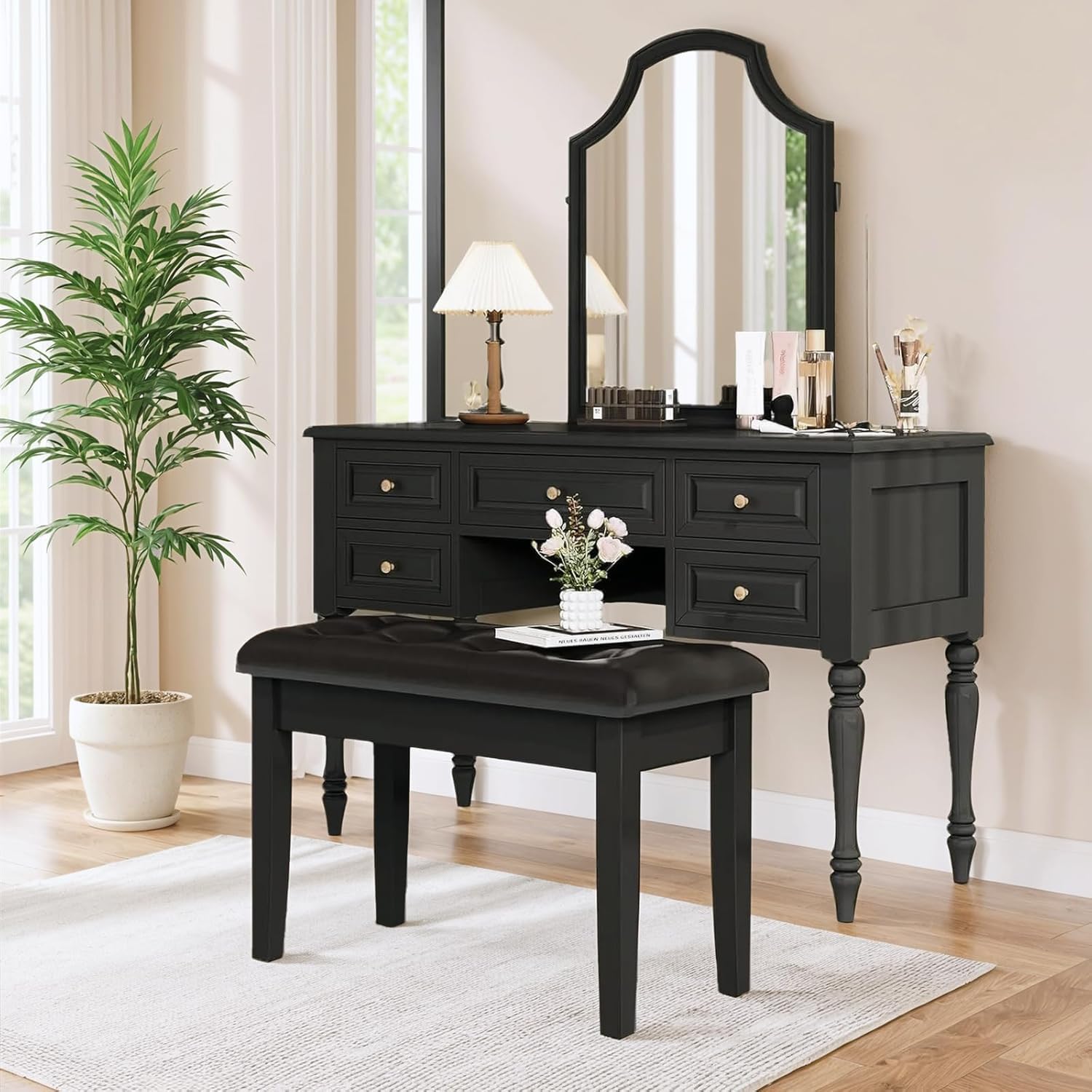 Clevich Klavierbank 200kg Tragkraft mit PU-Lederkissen & Stauraum - Massivholz-Pianohocker 75x35x49cm, Zweisitzer mit rutschfesten Füßen, Schwarz (75 * 35 * 49cm)