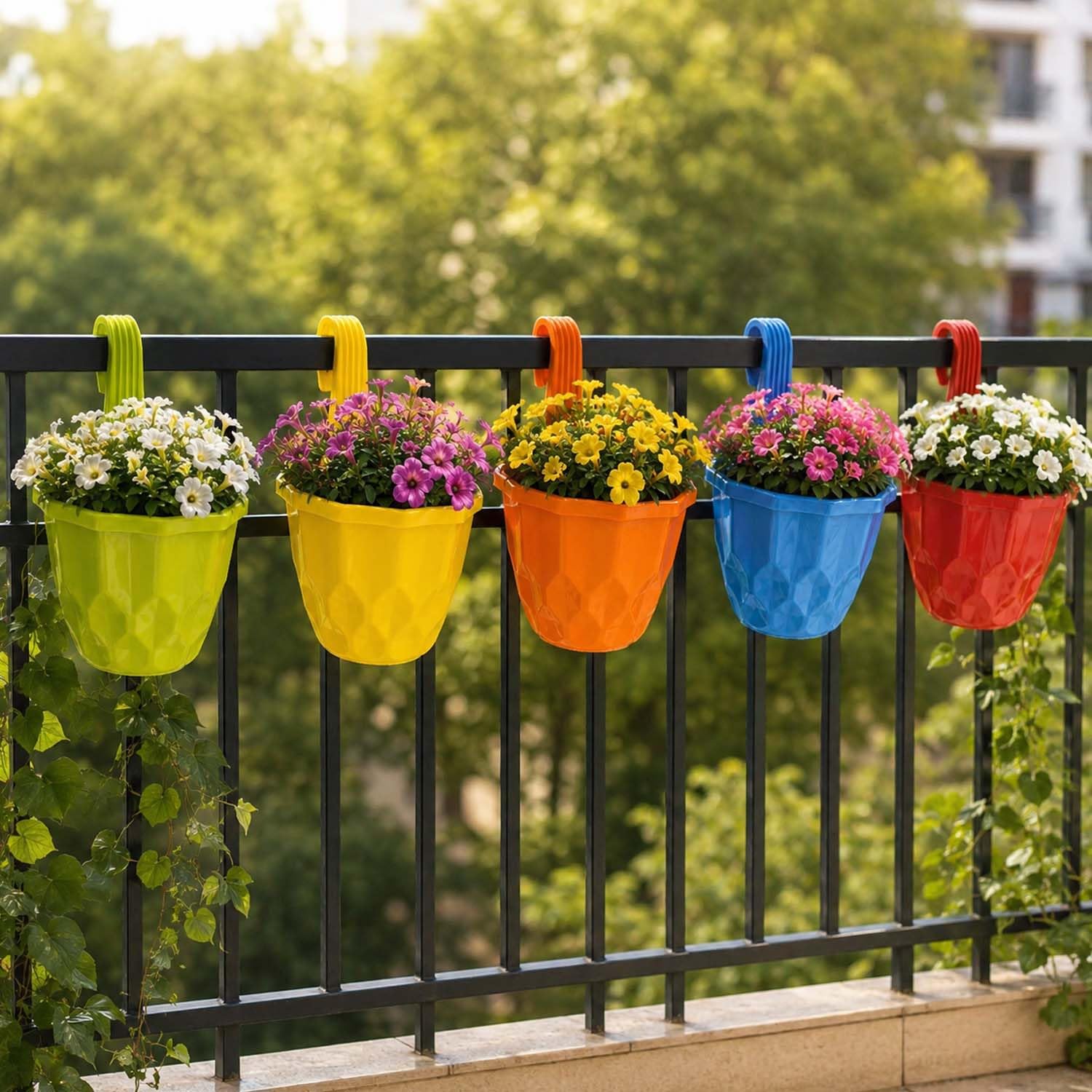 Go Hooked Hanging Planter Pots for Balcony Railing Pack of 5 | Small Plastic Geometric Hook Flower Pots for Fence Grill & Balcony (Multicolor, 15.5x9x19 cm) | Decorative Planters for Home Garden Décor-image-31
