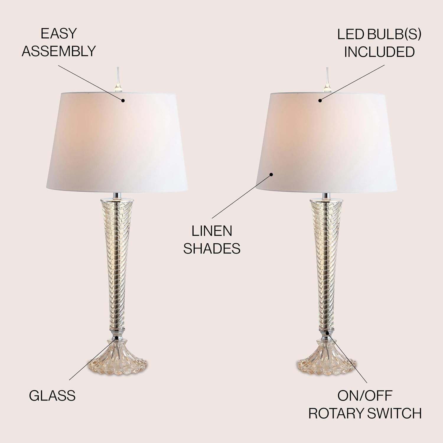 JONATHAN Y 32" Champagne Glass Table Lamp Set of 2, Traditional French Country Bedside Lamps for Living Room Bedroom, White Faux Silk Shade, LED Bulbs Included JYL2068A-SET2