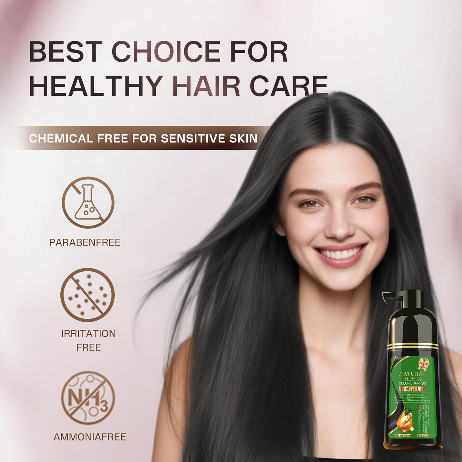 Black Hair Dye Shampoo 6-in-1 for Gray Hairr，Semi-Permanent Hair Color Shampoo for Women and Men，100% Grey Coverage Long-Lasting Color，Natural herbal Ingredients(Natuarl Black)