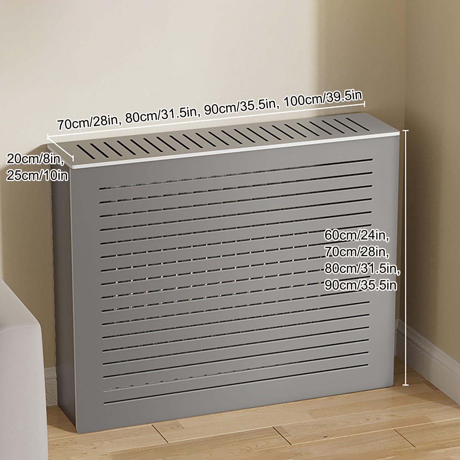 Generico Copritermosifone Moderno - Design a doghe Orizzontali, Spazio Extra per Ripiani per casa e Ufficio, Elegante mobiletto di Protezione per Il Riscaldamento (80x80x25 cm / 31,5x31,5x10 Pollici)
