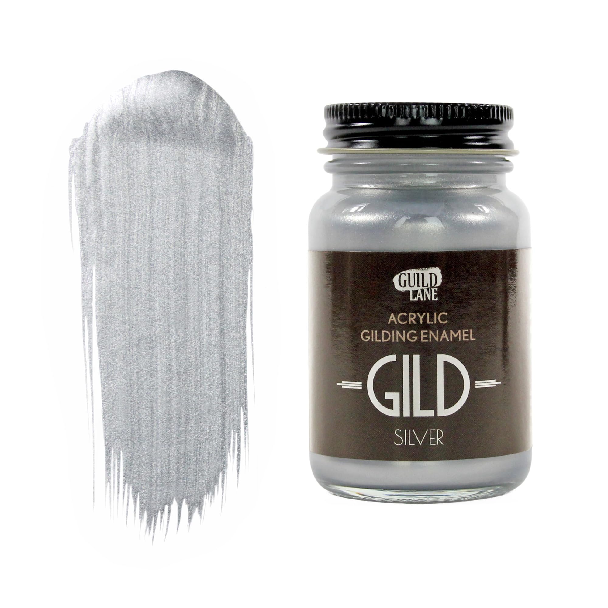 Guild Lane GILD Metallic Acrylic Enamel Paint - Silver - For Wood, Metal, Glass, Furniture & Crafts - Water-Based, Non-Tarnish Finish - 60ml Jar - Made in Britain