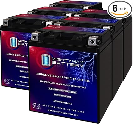 Mighty Max Battery YB12A-A -12 Volt 12 AH, 165 CCA, Rechargeable Maintenance Free SLA AGM Motorcycle Battery - Pack of 6
