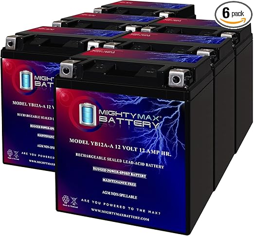 Mighty Max Battery YB12A-A -12 Volt 12 AH, 165 CCA, Rechargeable Maintenance Free SLA AGM Motorcycle Battery - Pack of 6