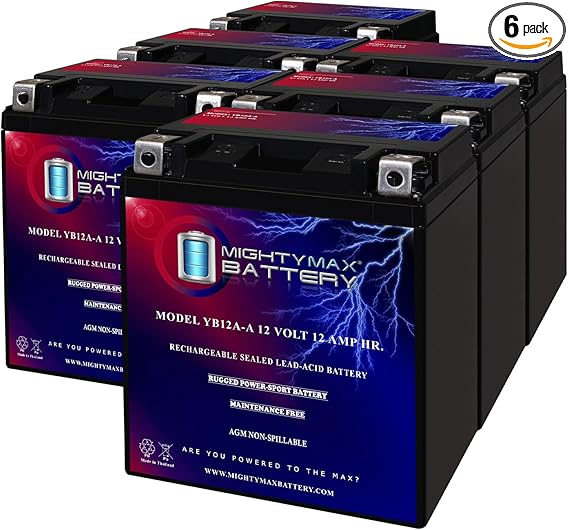Mighty Max Battery YB12A-A -12 Volt 12 AH, 165 CCA, Rechargeable Maintenance Free SLA AGM Motorcycle Battery - Pack of 6