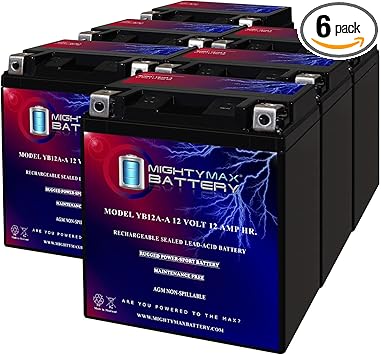 Mighty Max Battery YB12A-A -12 Volt 12 AH, 165 CCA, Rechargeable Maintenance Free SLA AGM Motorcycle Battery - Pack of 6
