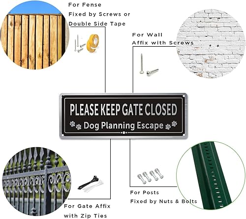 Miniatura 6 de Paquete de 2 letreros Matal con texto en inglés Please Close The Gate, letreros de planificación para perros, tinta duradera de aluminio cepillado,