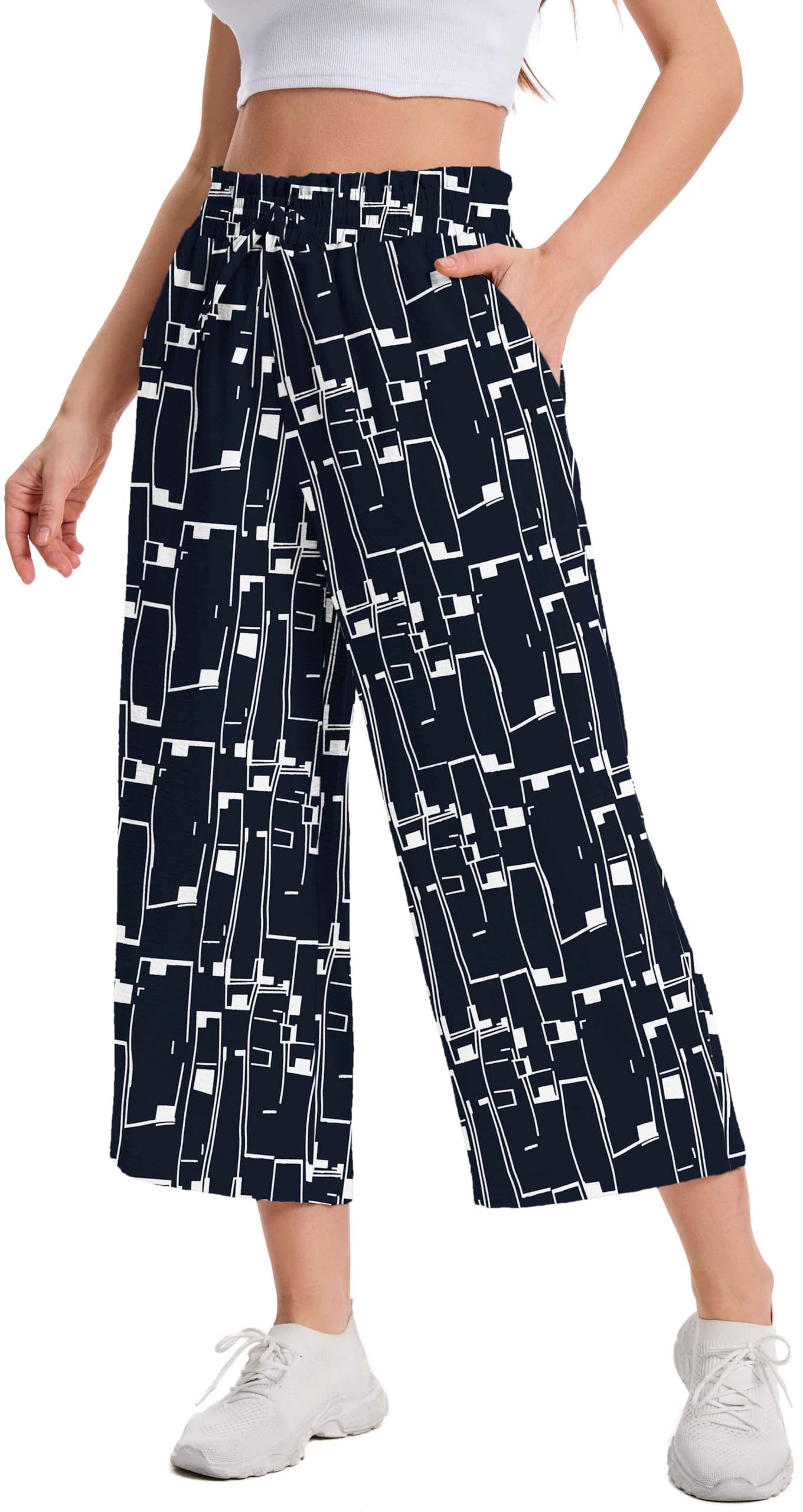 WUWUSKY Damen 3/4 Culotte Hose Leichte Sommerhose mit Taschen | Atmungsaktives Stoff Caprihose für Damen