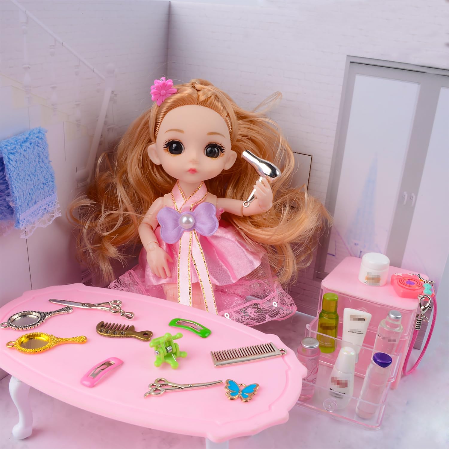 U-Zimikee 100 Pcs Dollhouse Mini Cosmetic Set，Miniature Bathroom Accessories，Mini Makeup Pretend Play Gifts for Girls，Jewelry Storage Case Shelf Handbag Camera Toiletries Dollhouse DIY Micro Scene