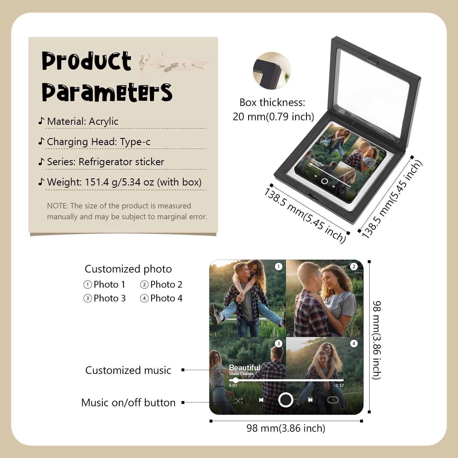Calamita Frigorifero con Musica Personalizzata – Magnete Musicale Personalizzabile con Immagine e Spotify – Calamite Frigo per Regali di Coppia, Natale, San Valentino, Compleanno (Stile 3)