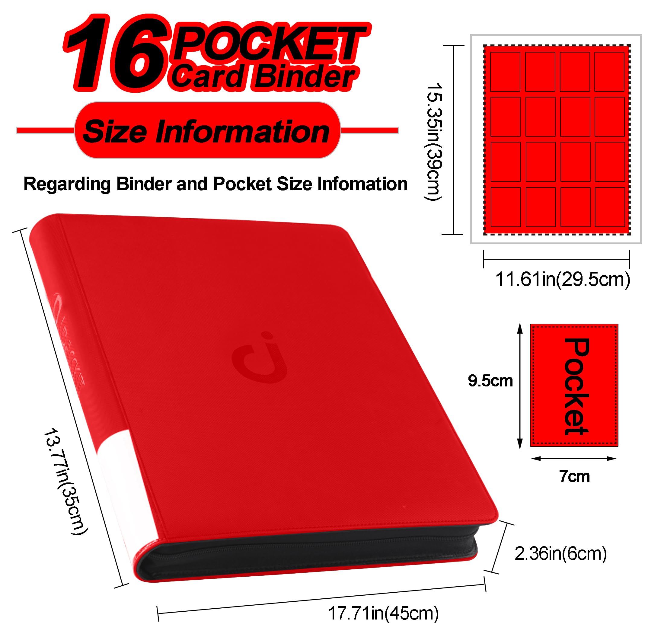 Carpeta de tarjetas premium de 16 bolsillos, se adapta a 1600 tarjetas, álbum de tarjetas sin anillo de 4 x 4 con fundas para tarjetas coleccionables y tarjetas deportivas (modelo C, rojo clásico)