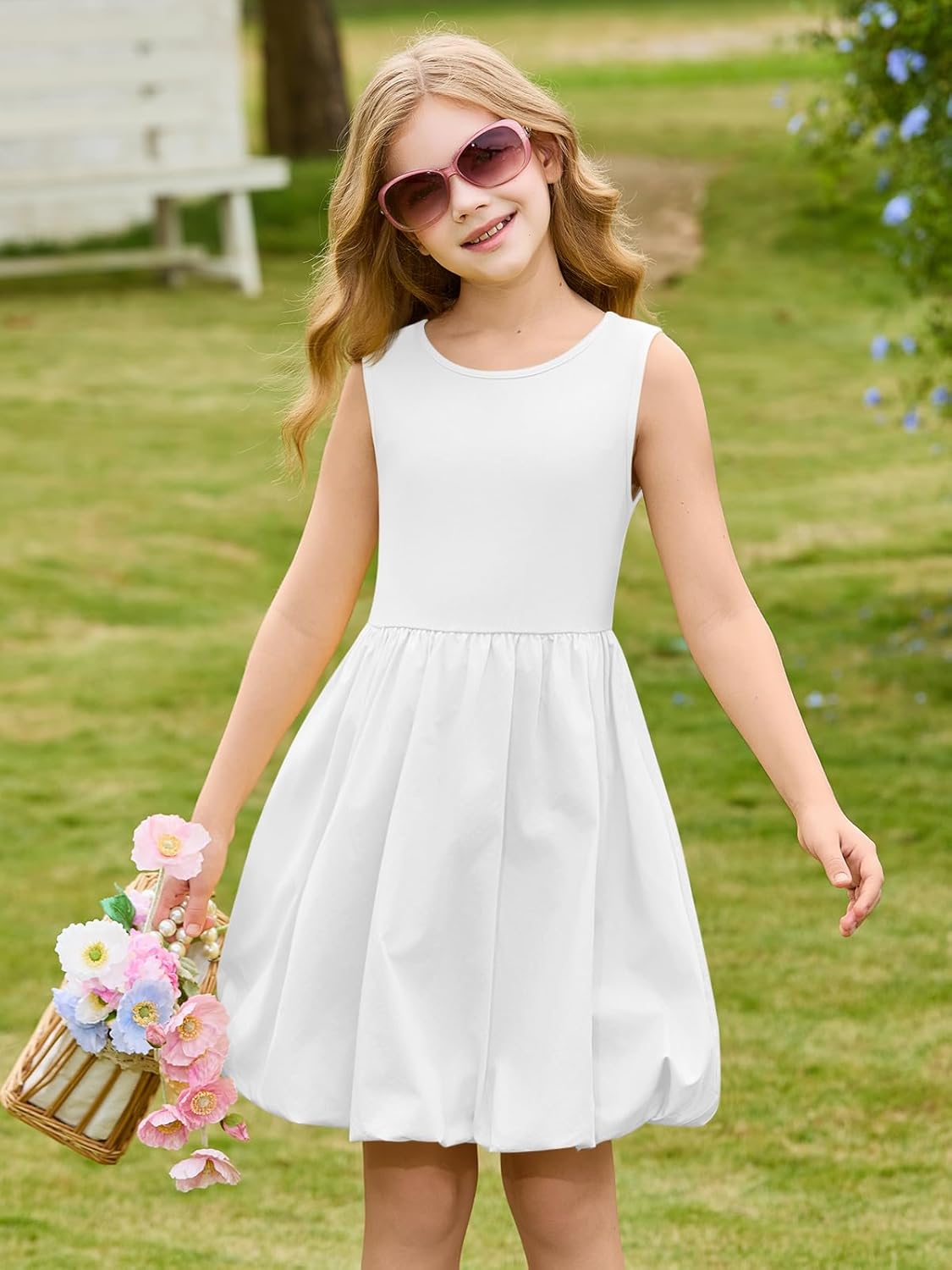 Haloumoning Girls Summer Sleeveless Bubble Dress Kids Cute Crew Neck Tank Mini Dresses with Pockets 5-14 Years - Image 3