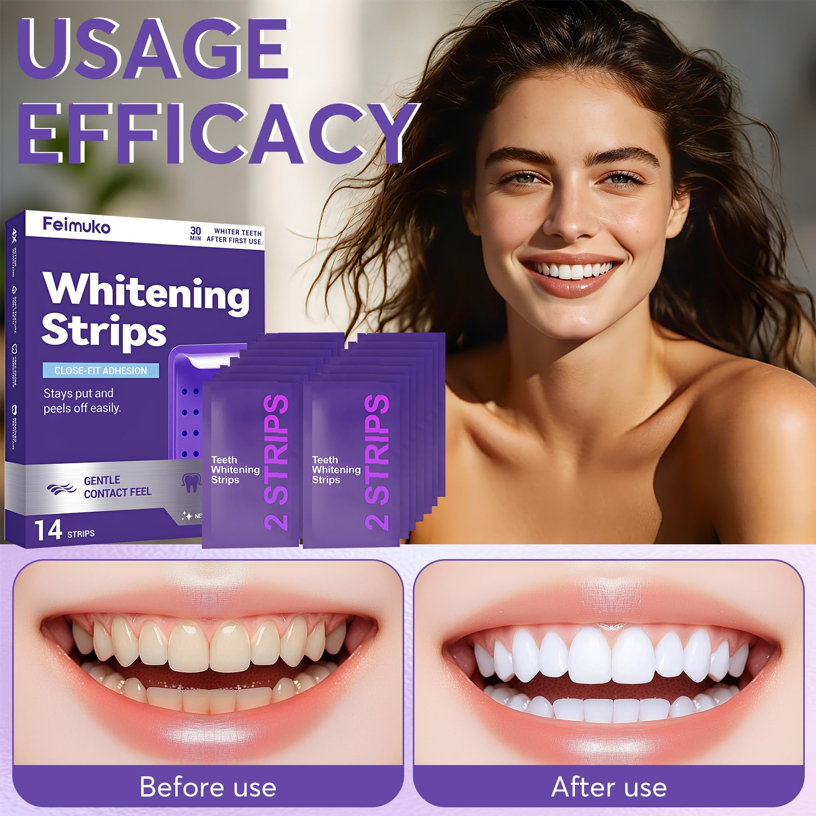 Tiras blanqueadoras dentales, 14 unidades, seguras para el esmalte, corrección de color, tiras blanqueadoras moradas para manchas de café, comidas y vino. — view 5