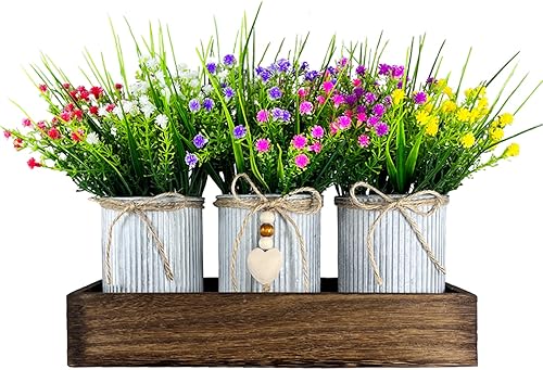 CALAVAK Centro de mesa decorativo de madera con 3 macetas de metal artificiales para el aliento del bebé, plantas de gypsophila, decoración rústica