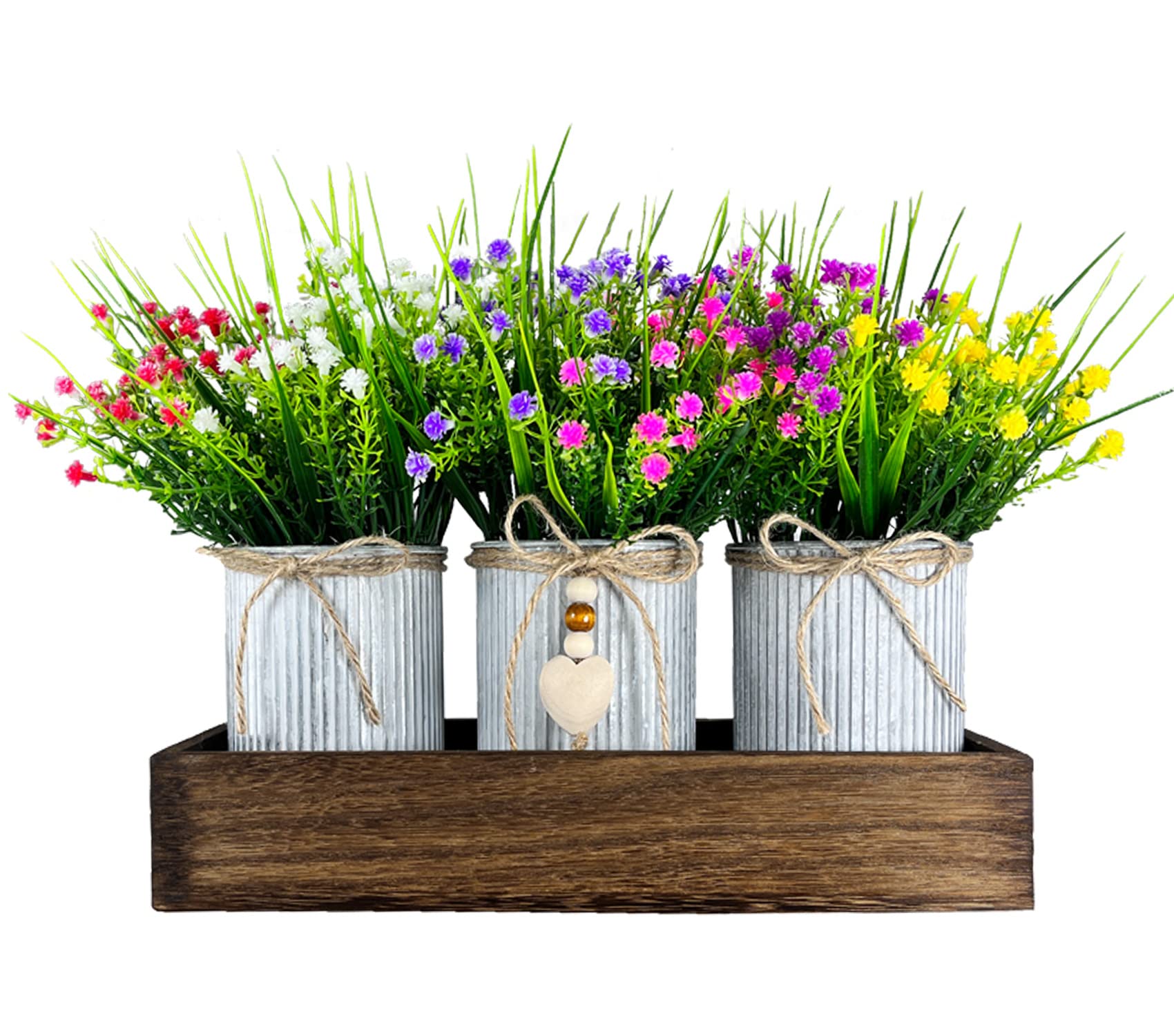 CALAVAK Centro de mesa decorativo de madera con 3 flores artificiales de Milán en maceta de metal, decoración rústica para comedor, sala de estar y mesa de cocina