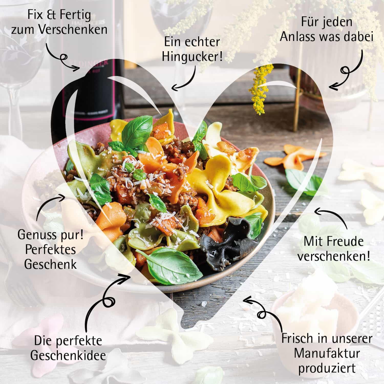 Hallingers Genuss Manufaktur Feinkost Geschenk-Set - XXL-Geschenkkorb "Pasta Time" großes Mitbringsel Wein, Bunte Nudeln, Olivenöl, Schokolade & Pasta-Gewürz, Geschenkidee für Frauen Männer