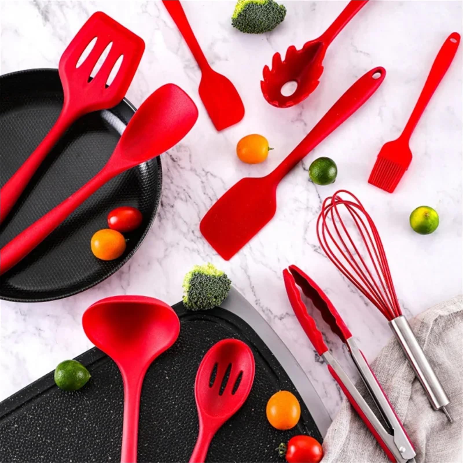 Ustensiles De Cuisine En Silicone Lot Ensemble d'ustensiles de cuisine en Silicone, pince antiadhésive, cuillère, spatule, serveur pâtes, fouet, louche, passoire, 10 pièces/ensemble(Blue)