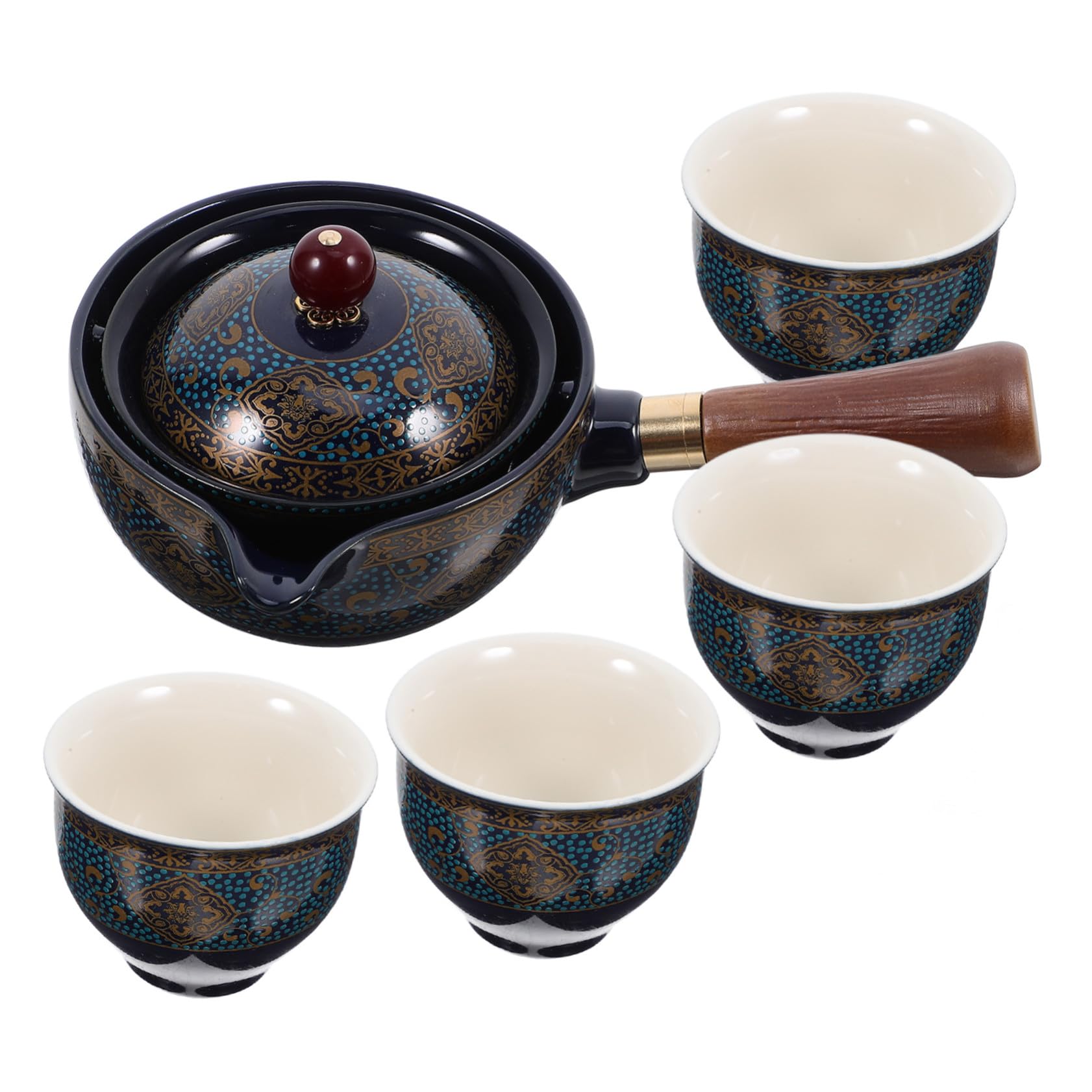Juego de té chino azul de cerámica con filtro y tetera de asa lateral