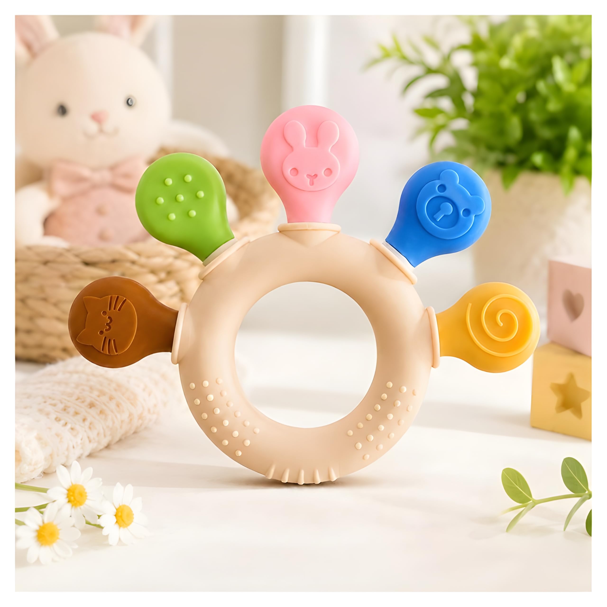 SAMSPIRE Silicone Baby Teether for 3+ Months | BPA Free Soft Teething Toy | Safe Teether for Baby, Infants | Round Shape | Color - Beige | Ring Teether | Set of 1.-image-14
