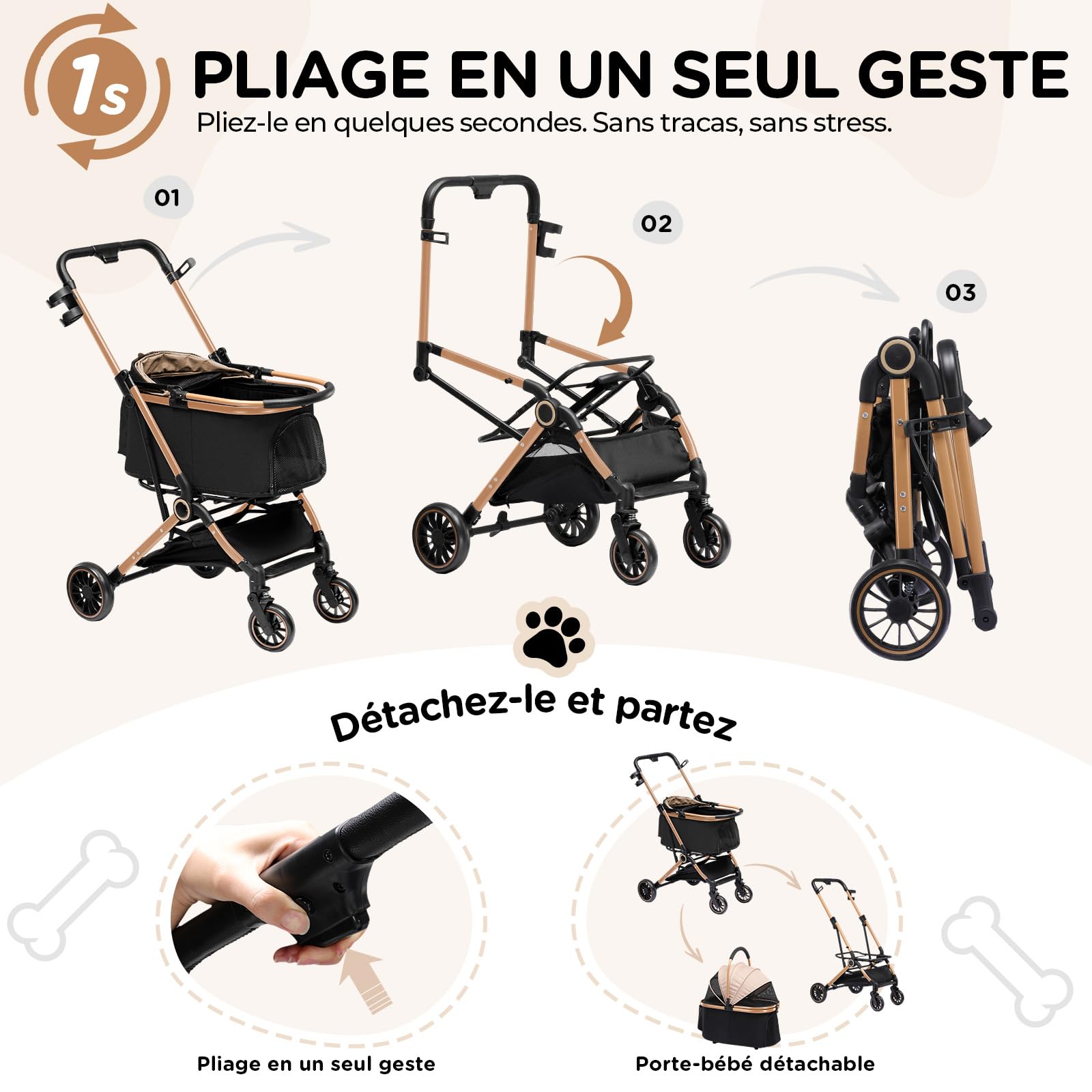 GTPLAYER Poussette Chien 4-en-1, Poussette pour Chien Chat, Jusqu'à 25KG, Voyage Transporteur Amovible, Poussette Tout-terrain Pour Animaux de Compagnie, Or