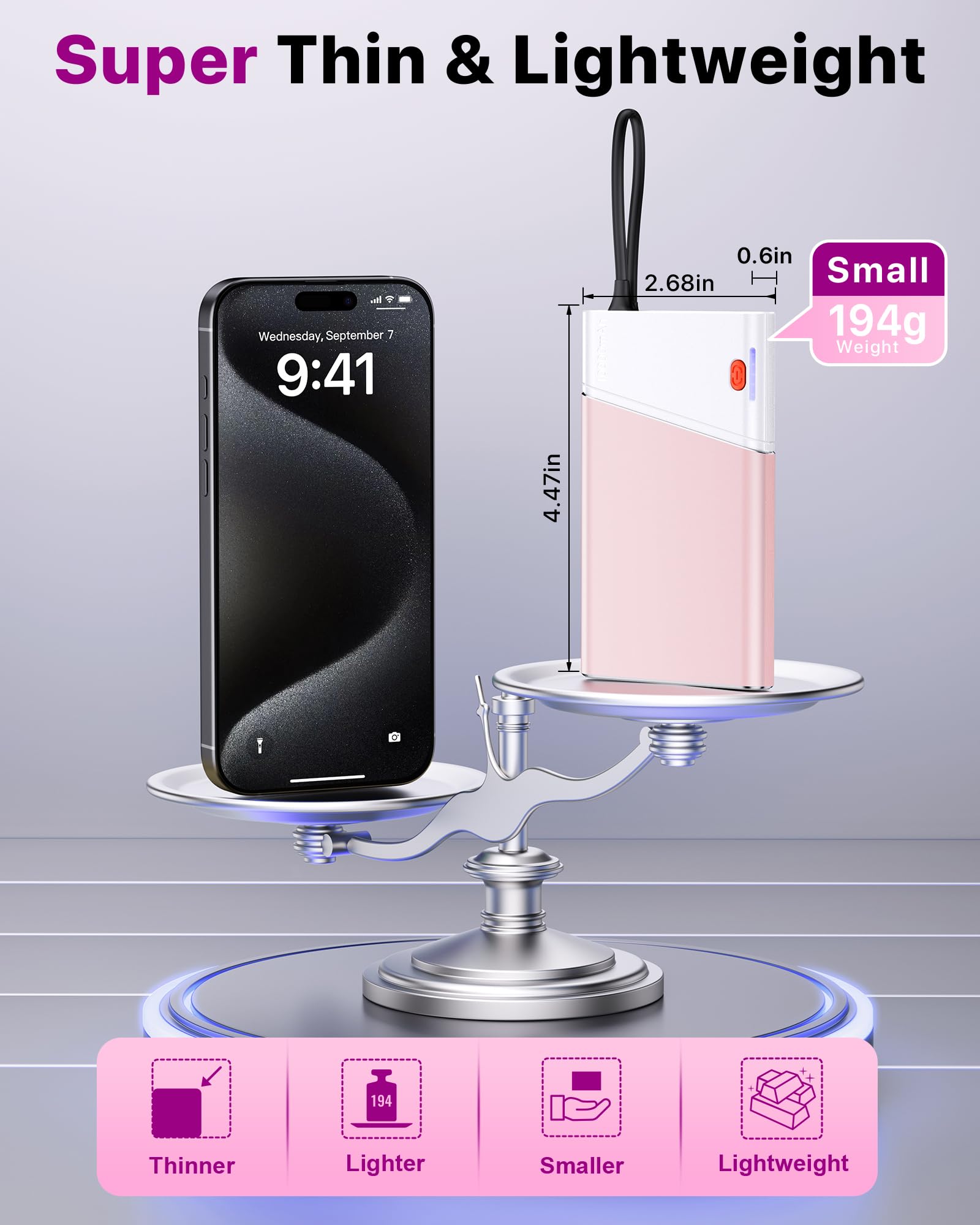 Aaoyun Portable Charger Power Bank, 10000mAh 22.5W PD Fast Charging Powerbank with Built-in USB C Cable, Slim External Phone Battery Pack for iPhone 17/16/15 Samsung S24 Android etc (Pink) view 5