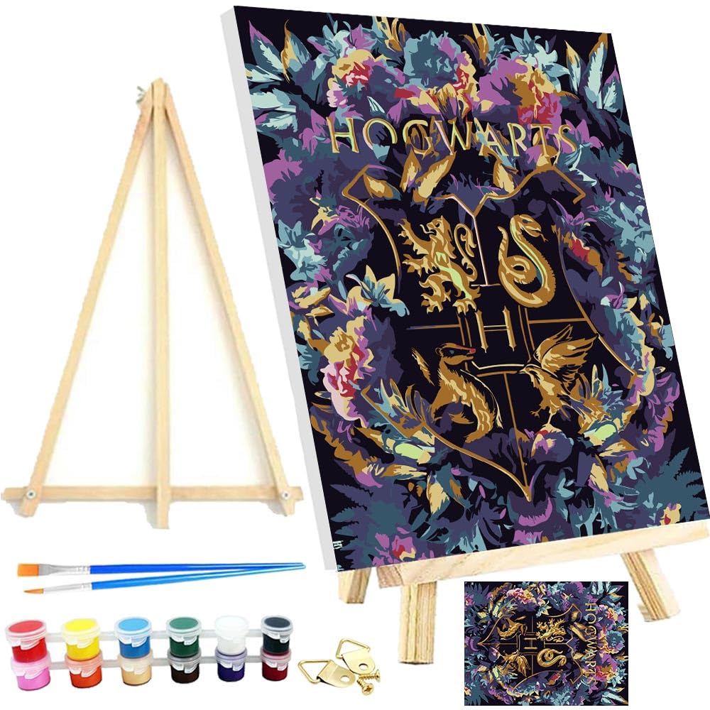 CYNART Framed and Easel Badge Paint by Numbers Kit for Adults,Magic Academy Paint by Numbers Kit for Beginner Home Table and Gift for Wall Decor 7.8x11.8inch