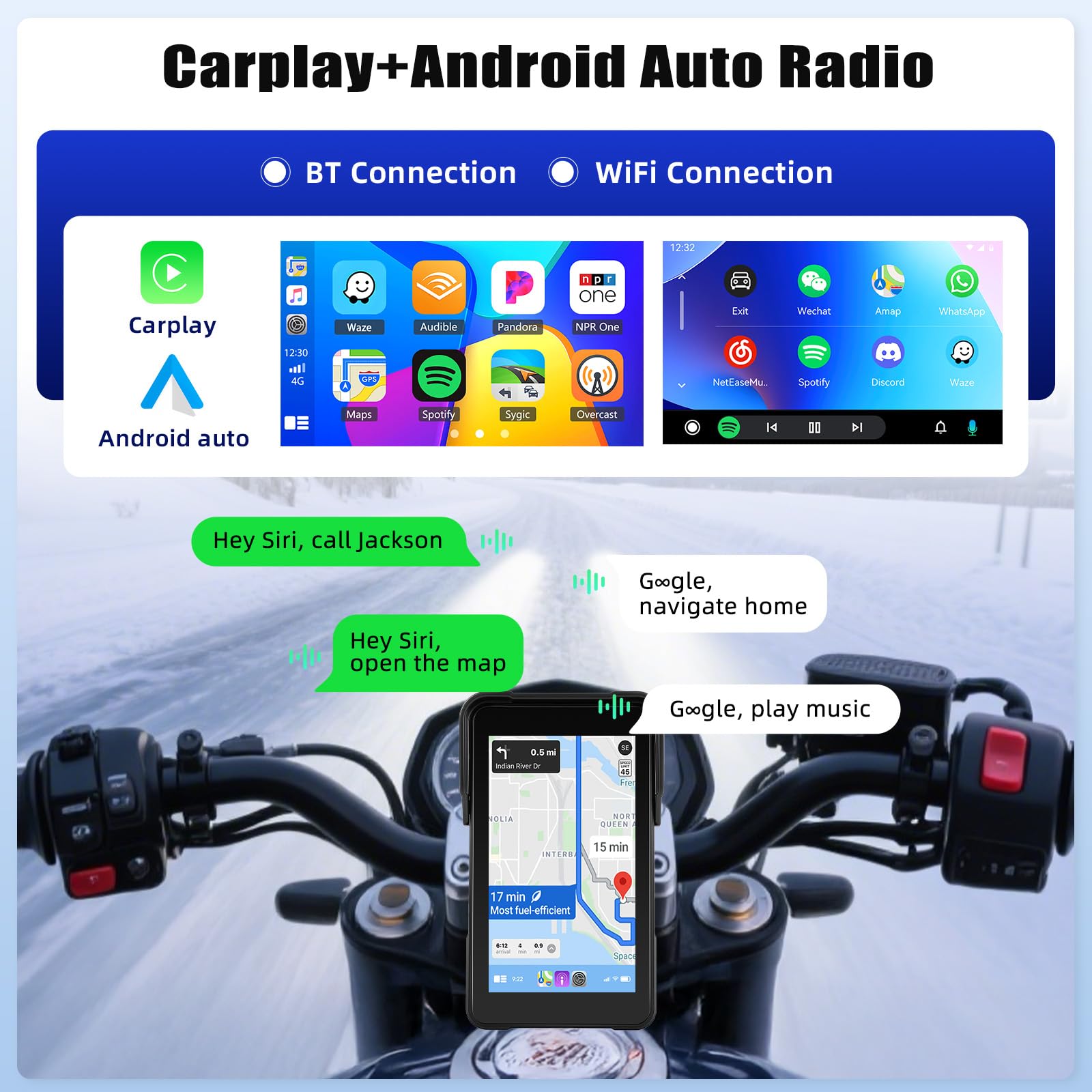 SIXTOP Écran CarPlay Moto avec GPS, CarPlay et Android Auto sans Fil, Portable GPS Navi pour Moto, Étanche IP68, 5 Pouces Écran Tactile avec Bluetooth