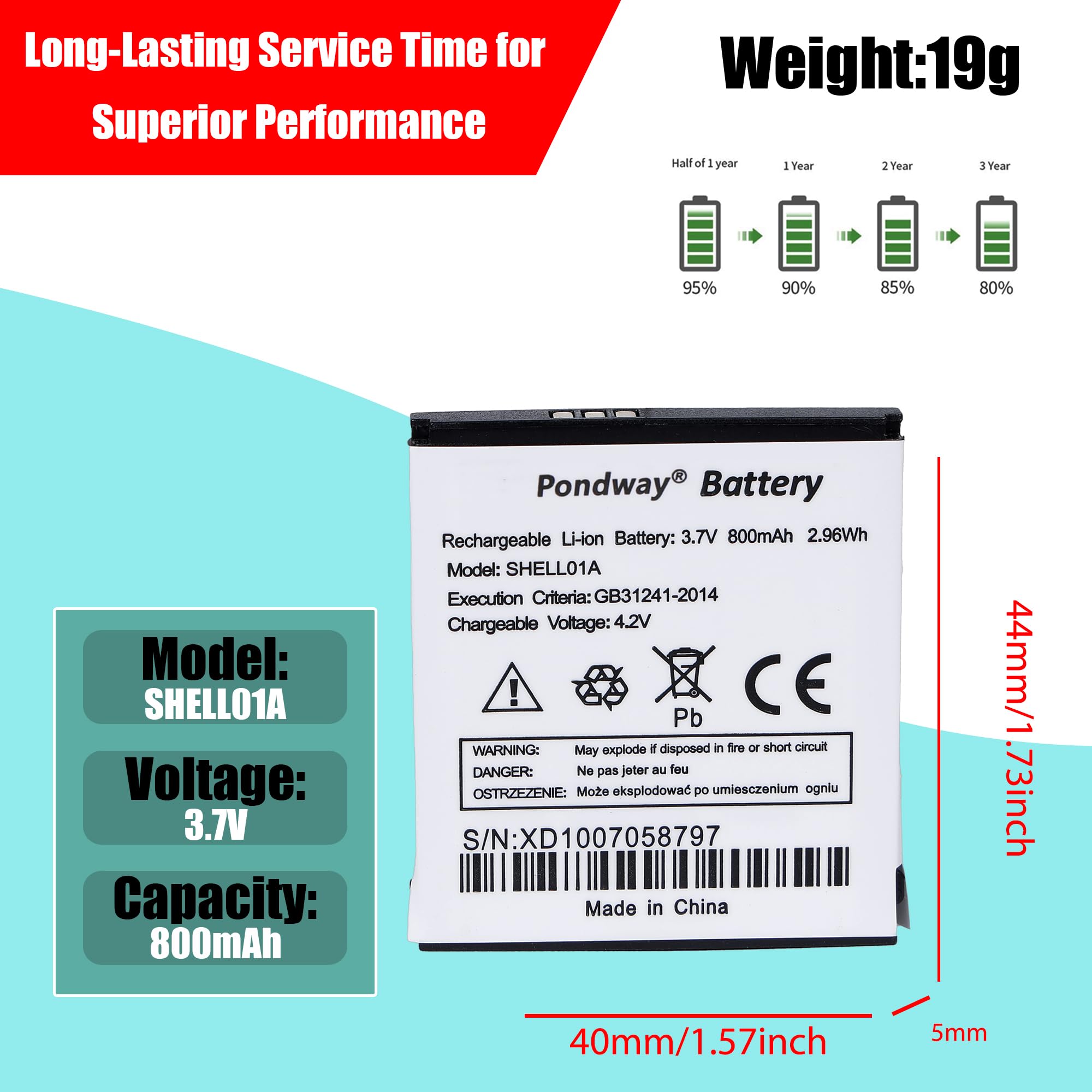 800mAh 3.7V SHELL01A Batterie de remplacement Compatible avec Doro Phone Easy 605 610 611 612 632 622 520X 409 410 409 409 GSM 410 GSM 605 GSM 606 607 608 609 613 624 625 626 631 632 632S Téléphone