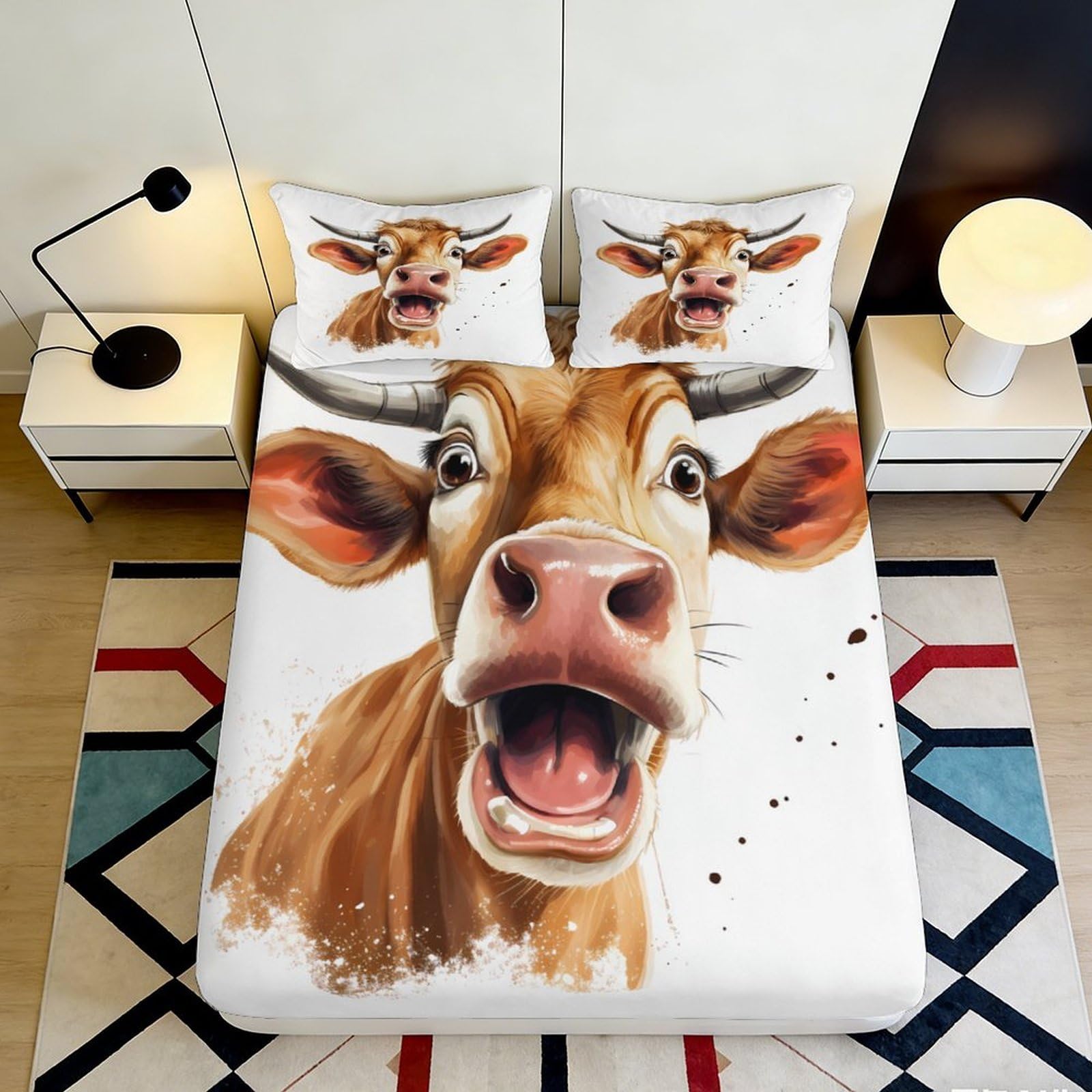 3D Printed Cartoon Cow Fitted Sheet Microfiber Soft Fun Animal Bed Sheet for Bedroom Dorm Mattress Cover Decor 90x200x25cm