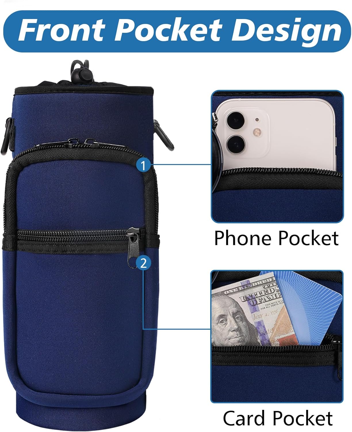 32 40 oz Water Bottle Carrier with Strap, Neoprene Water Bottle Sleeve Bag with 2 Pockets Insulated Flask Sling Holder for Walking Hiking Gym - Image 2