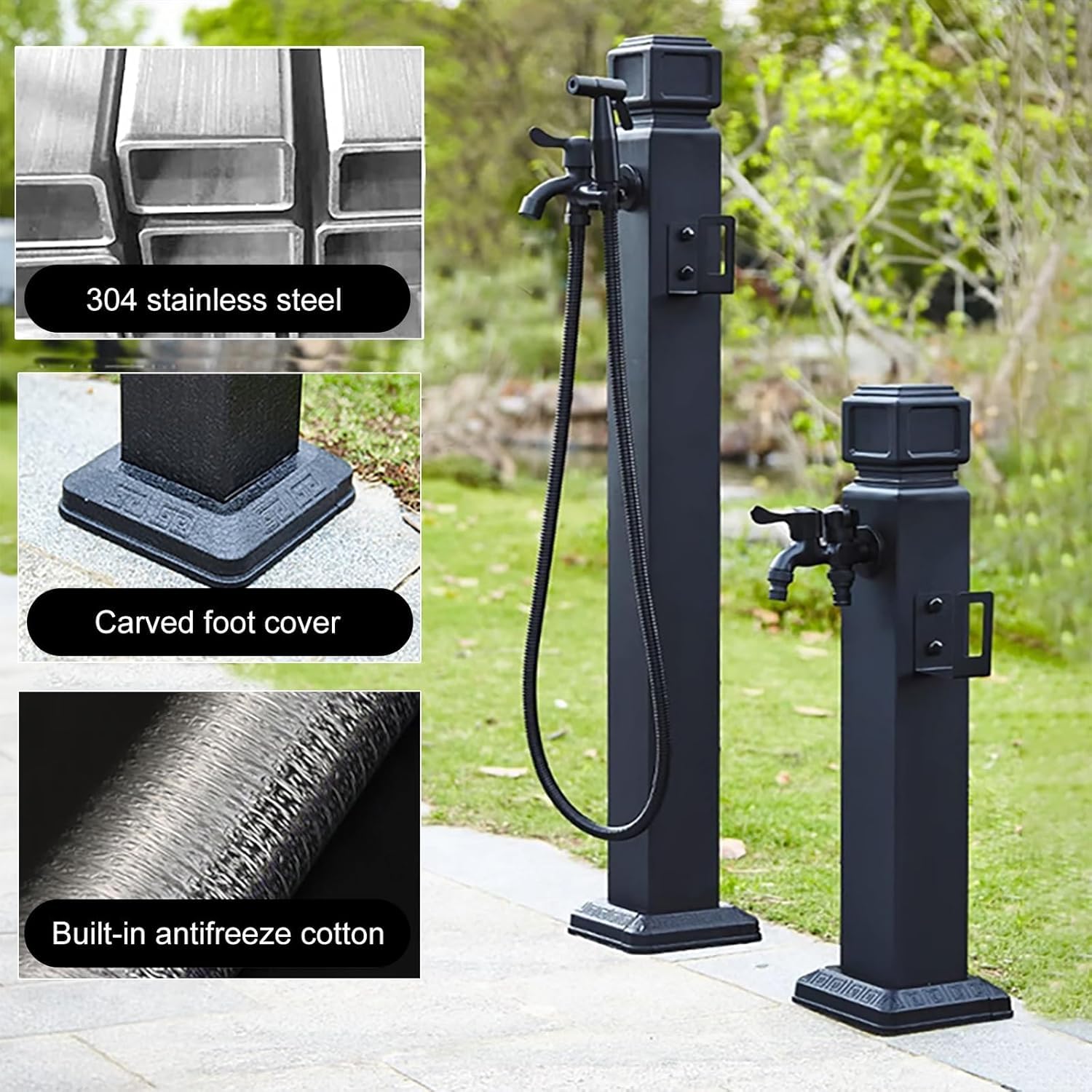 Rubinetto da giardino in acciaio inossidabile for esterni Cortile(Black,14.5 * 60cm)