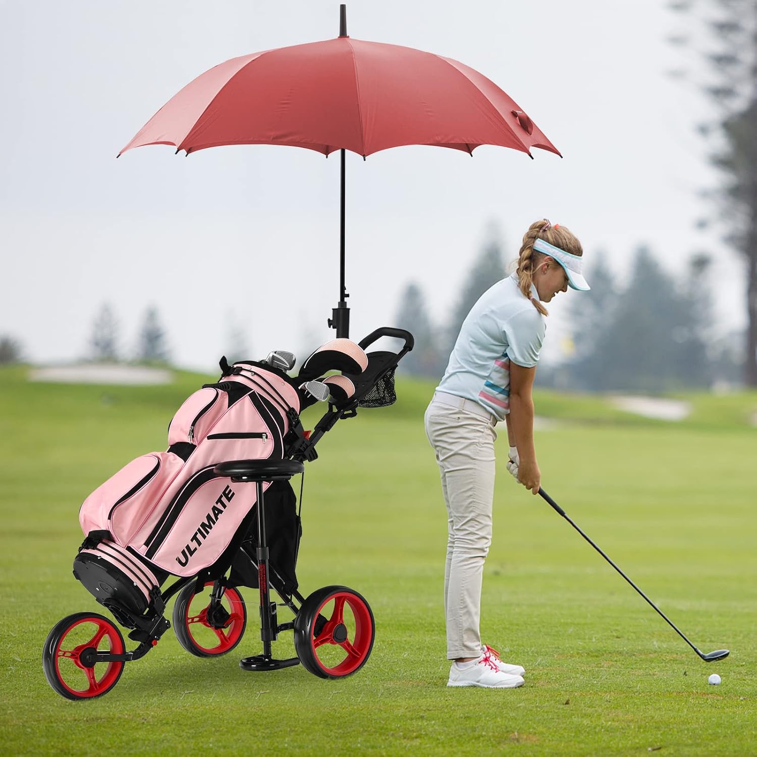 Tangkula Golf Push Pull Cart with Seat, Lightweight Folding 3 Wheels Golf Push Cart, Golf Trolley W/Storage Bag, Foot Brake, Adjustable Umbrella Holder & Seat, 4 Height Position Handle (Red)