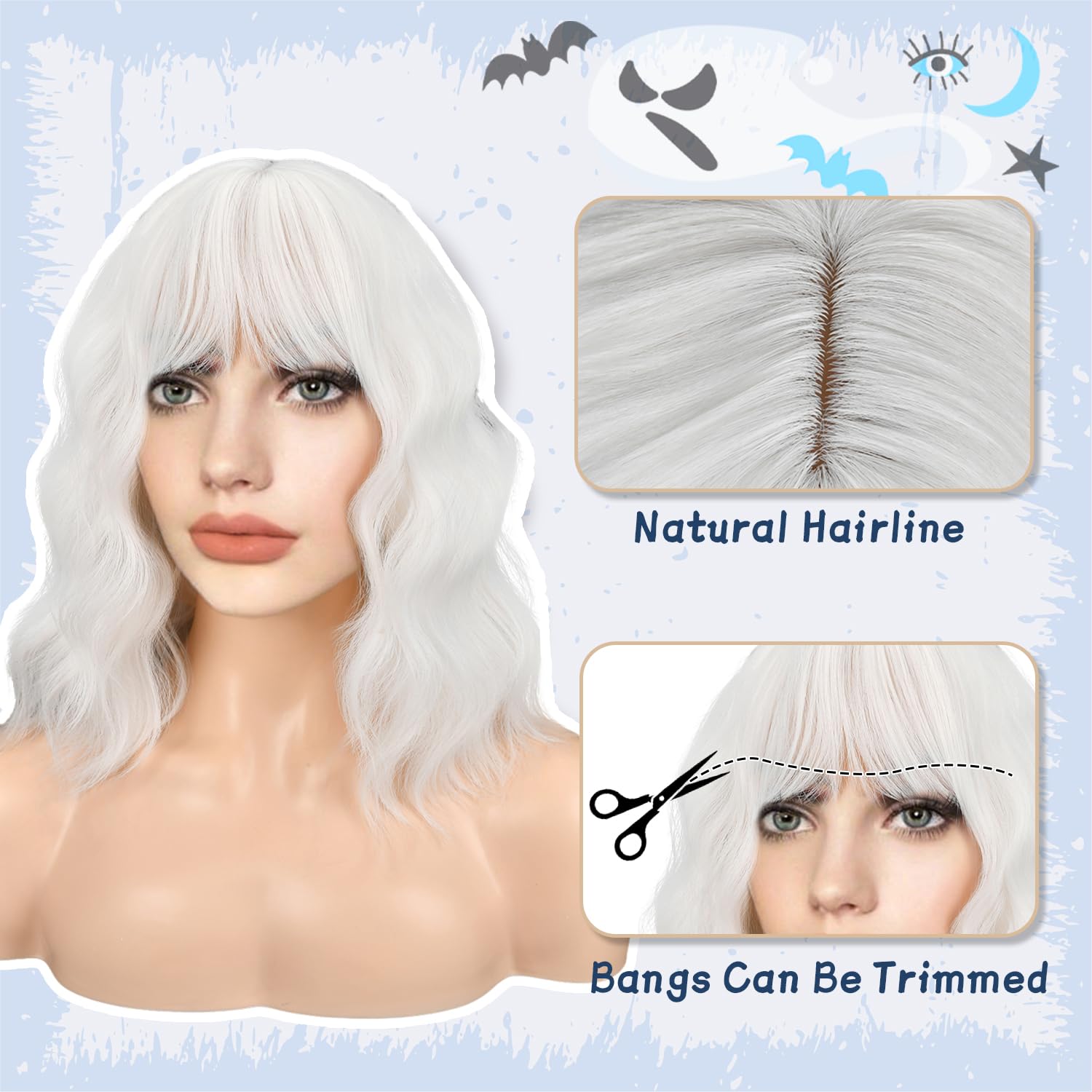 Halloween Short White Wig with Bangs Shoulder Length Cute Bob Wavy Curly Synthetic Hair Wigs with Bang for Women & Girls Use for Halloween Cosplay Party Daily