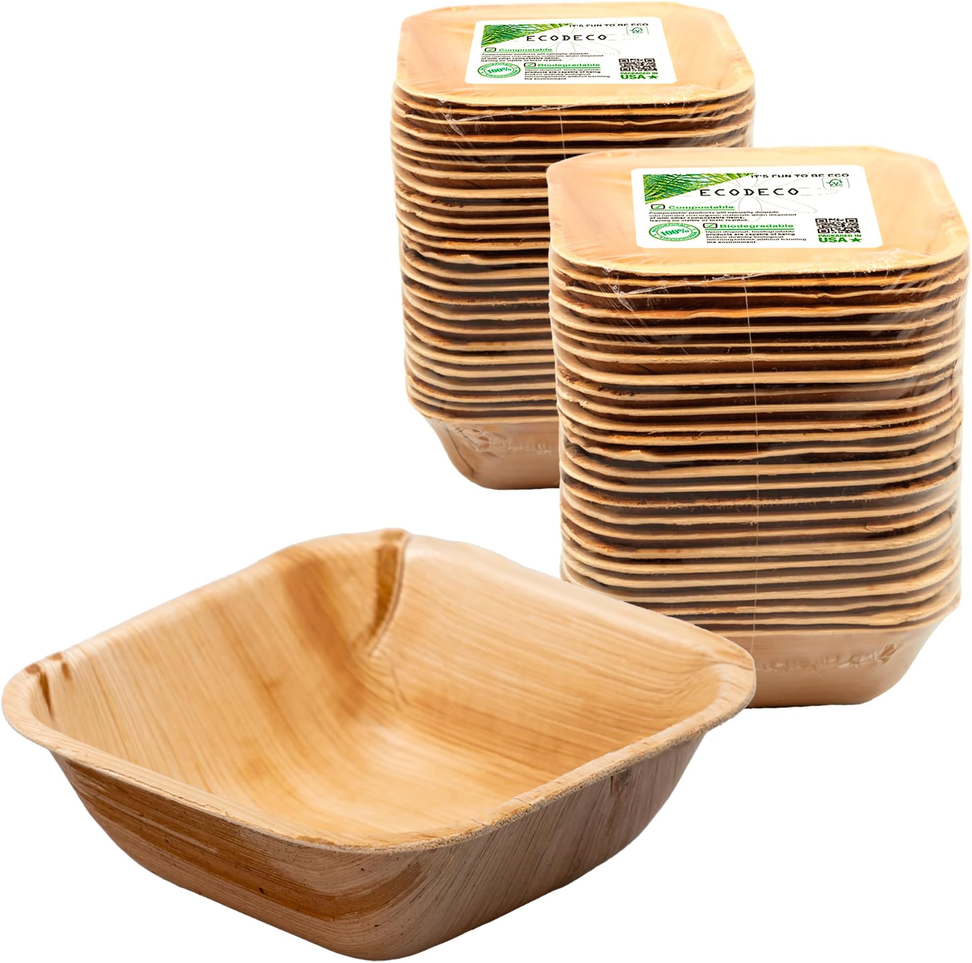 ECODECO 50 Square Palm Leaf Disposable Bowls - 5 Inch - Compostable Eco Friendly Like Bamboo Party Plates for Hot Soup or Dessert
