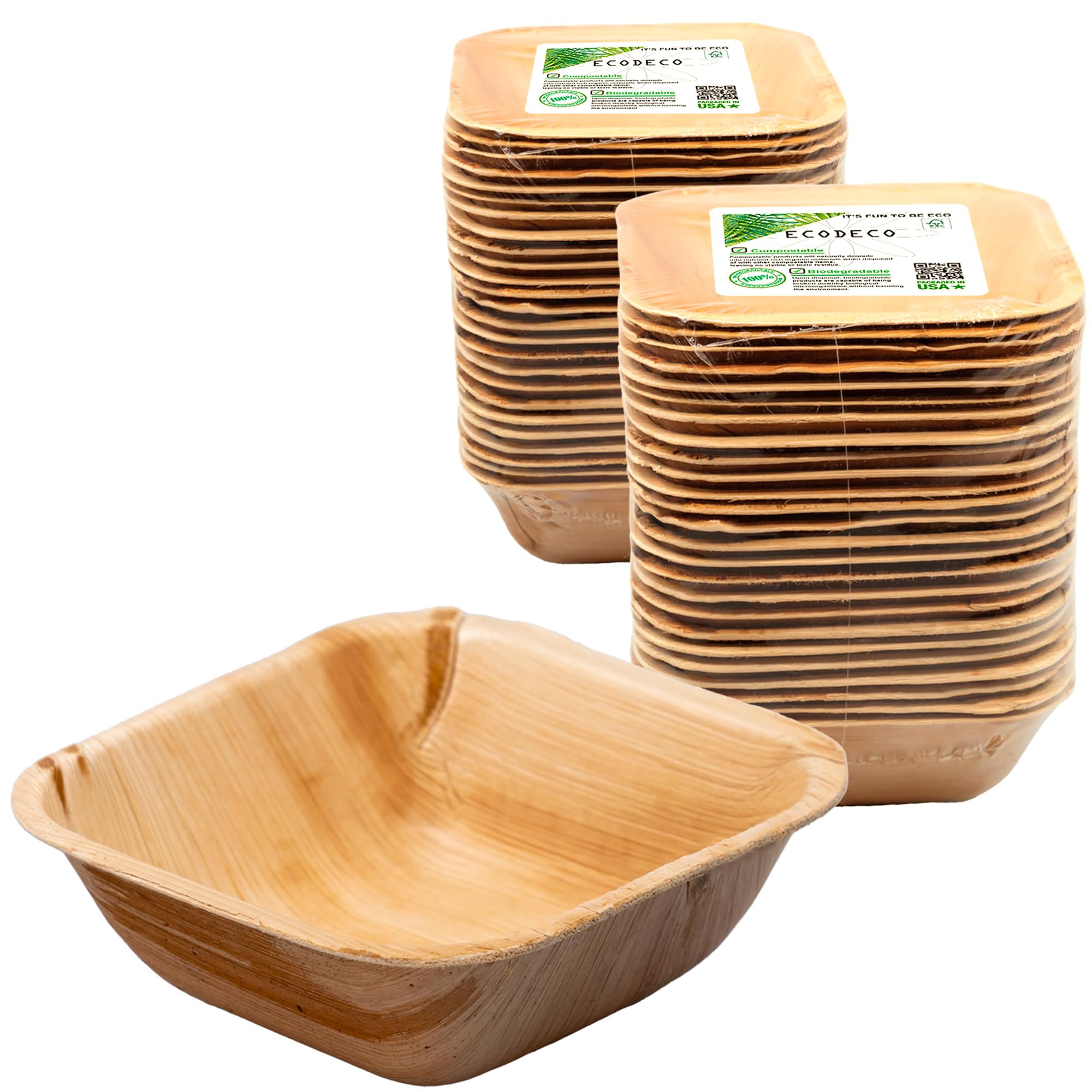 ECODECO 50 Square Palm Leaf Disposable Bowls - 5 Inch - Compostable Eco Friendly Like Bamboo Party Plates for Hot Soup or Dessert
